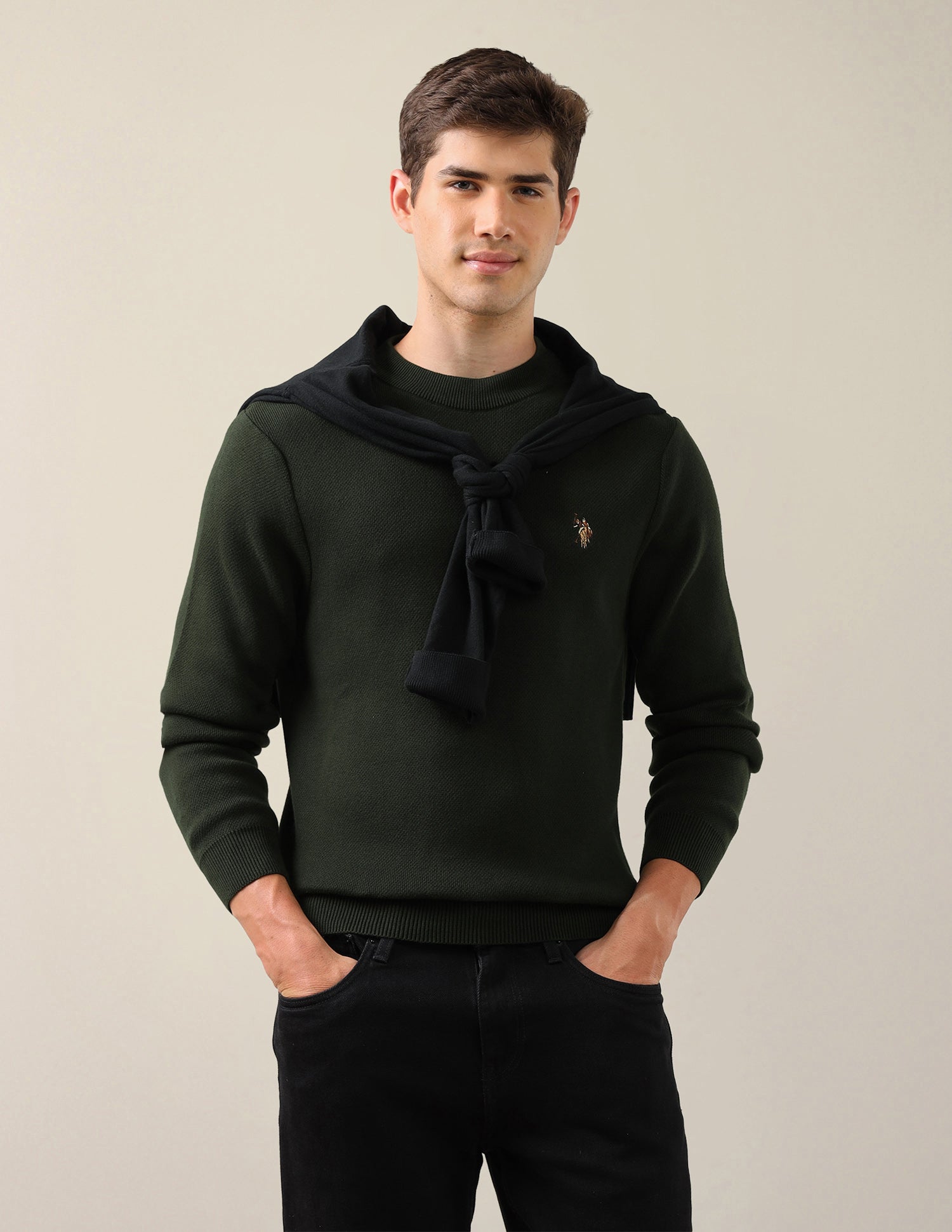 Solid Regular Fit Sweater Dark Green - U.S. Polo Assn. India | Large