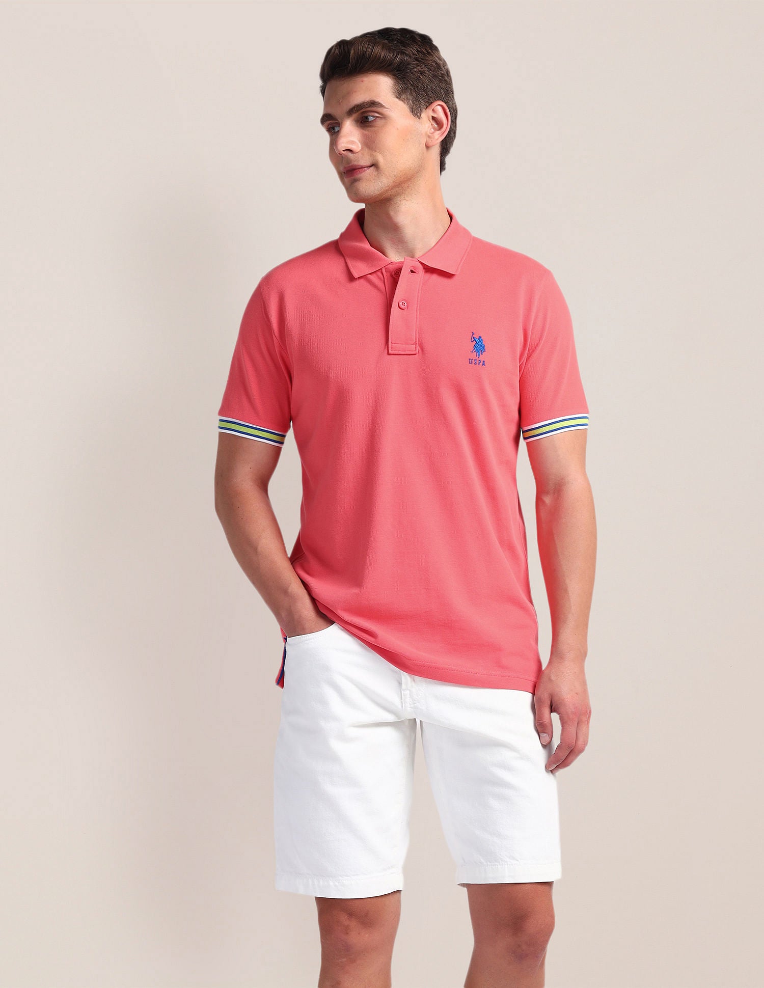 Tipped Sleeve Hem Slim Polo Shirt Peach - U.S. Polo Assn. India | Large