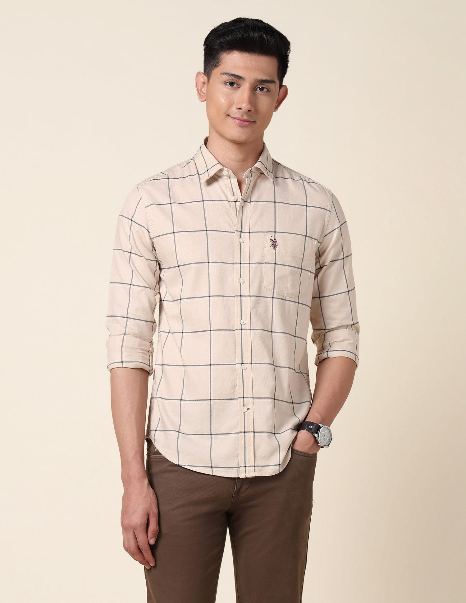 Windowpane Checked Tailored Fit Shirt Beige - U.S. Polo Assn. India | Large