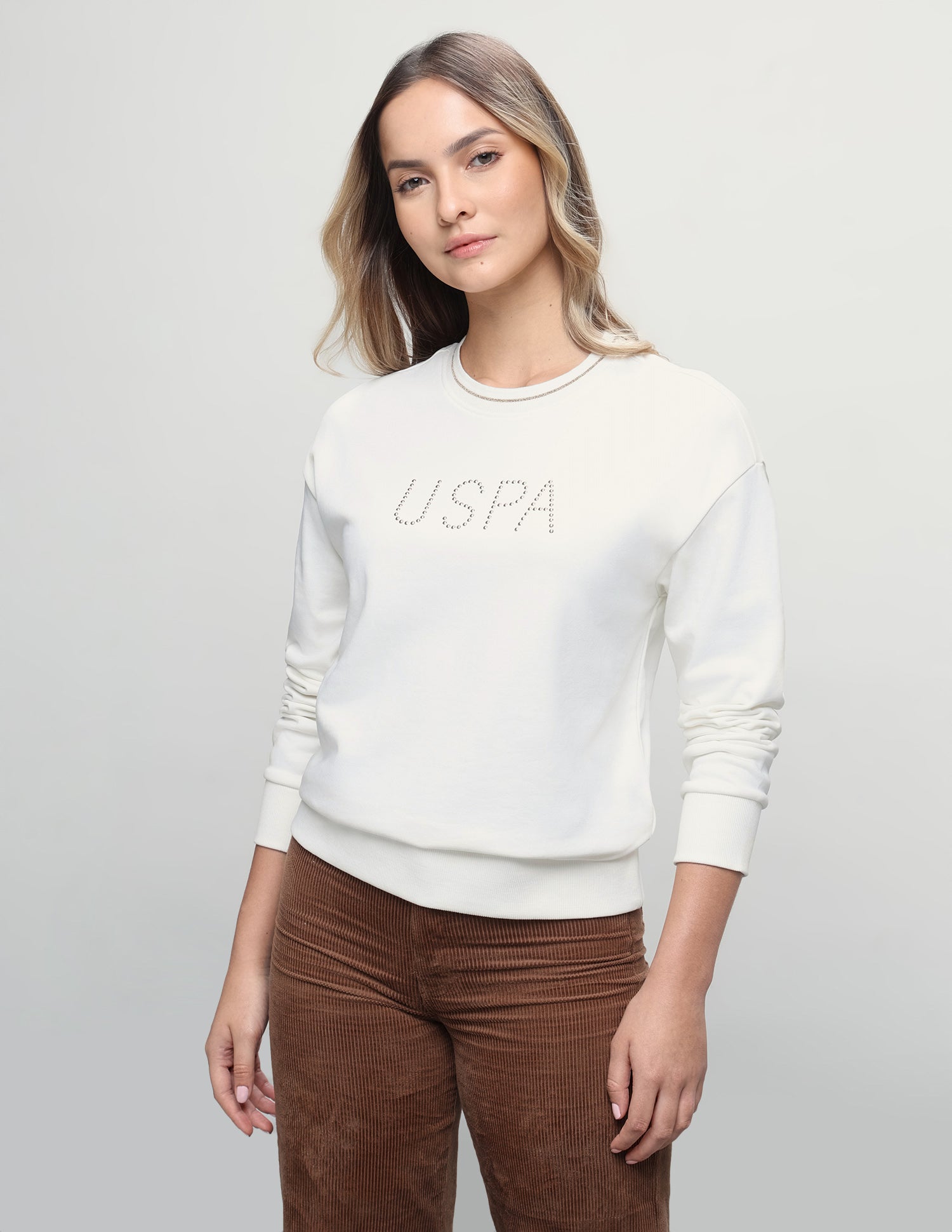 Brand Embellished Relaxed Fit Sweatshirt Off White - U.S. Polo Assn. India | Large