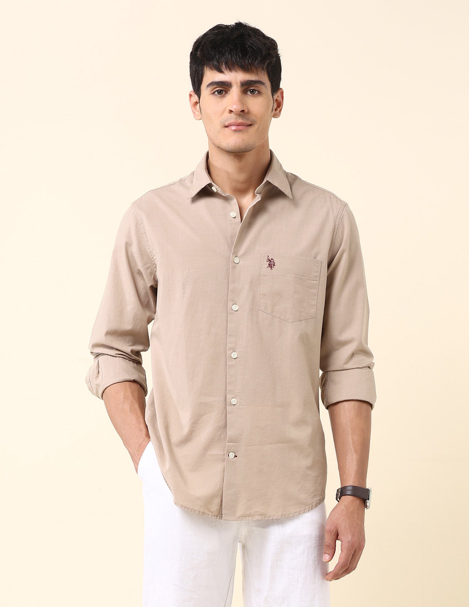 Solid Twill Tailored Fit Shirt Light Khaki - U.S. Polo Assn. India | Large