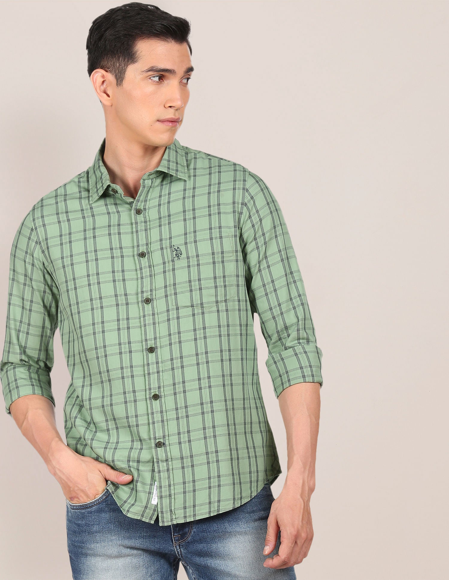 Men Green Pure Cotton Check Casual Shirt Green - U.S. POLO ASSN. | Large