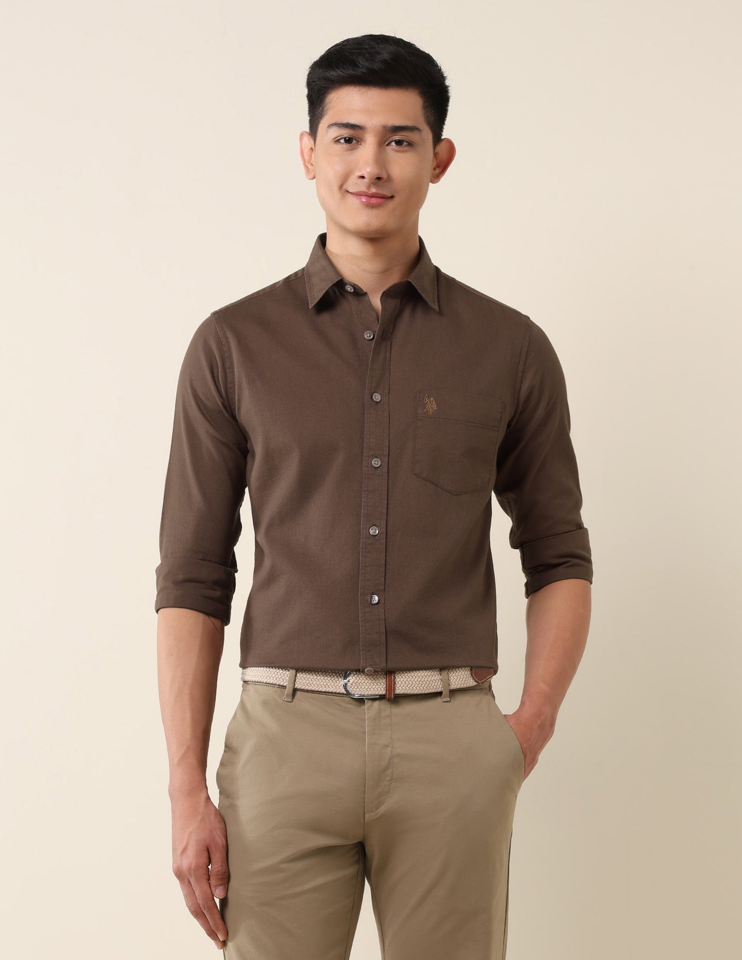 Pure Cotton Dobby Tailored Fit Shirt Brown - U.S. Polo Assn. India | Large