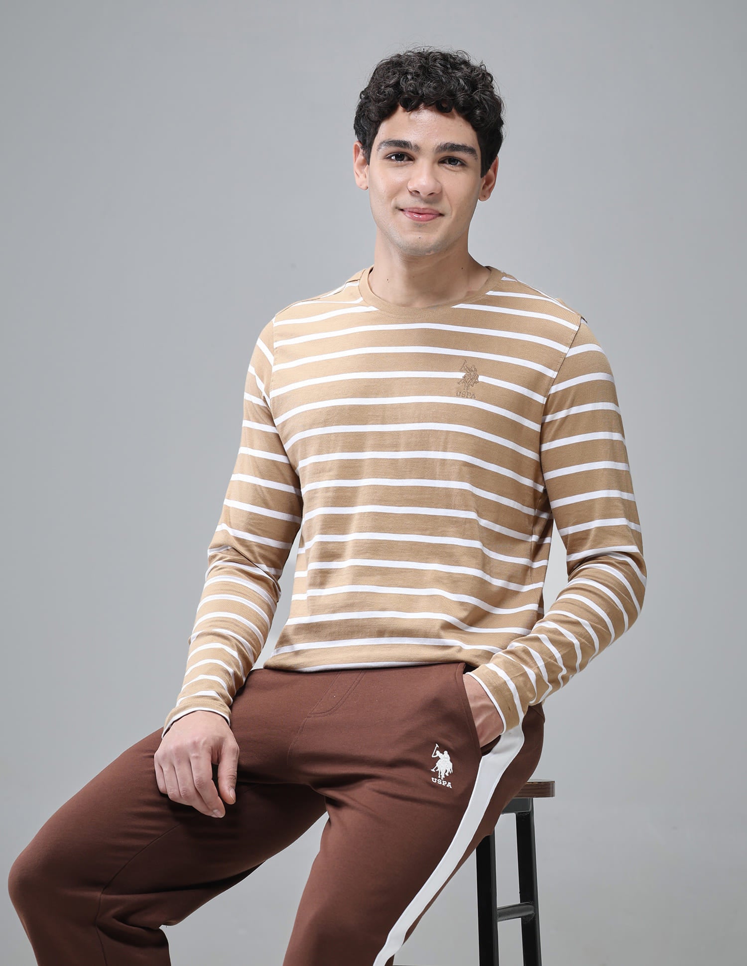 Horizontal Striped Pure Cotton I689 Lounge T-Shirt - Pack Of 1 Corn Stalk / White - U.S. Polo Assn. India | Large