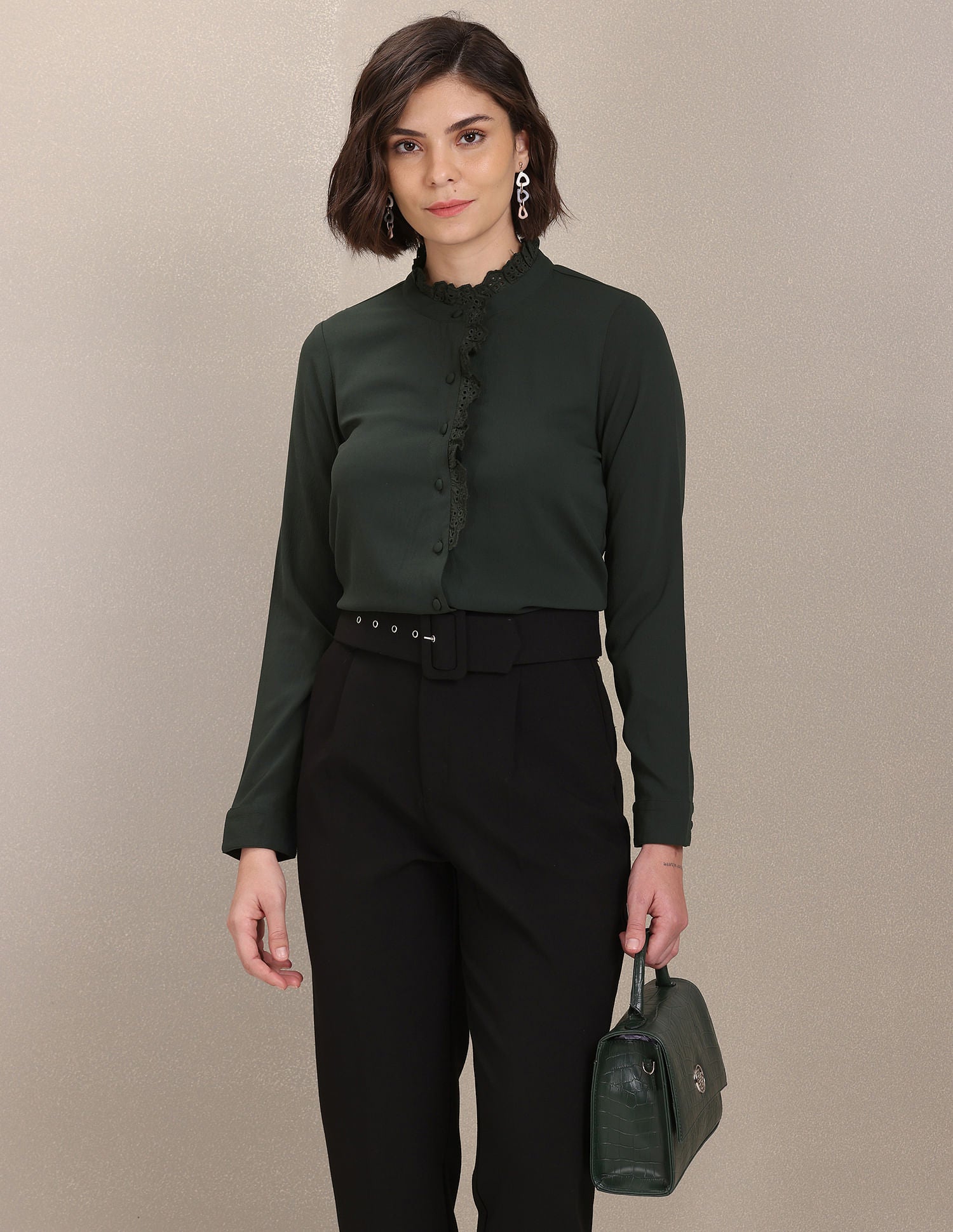 Ruffled Collar Long Sleeve Solid Top