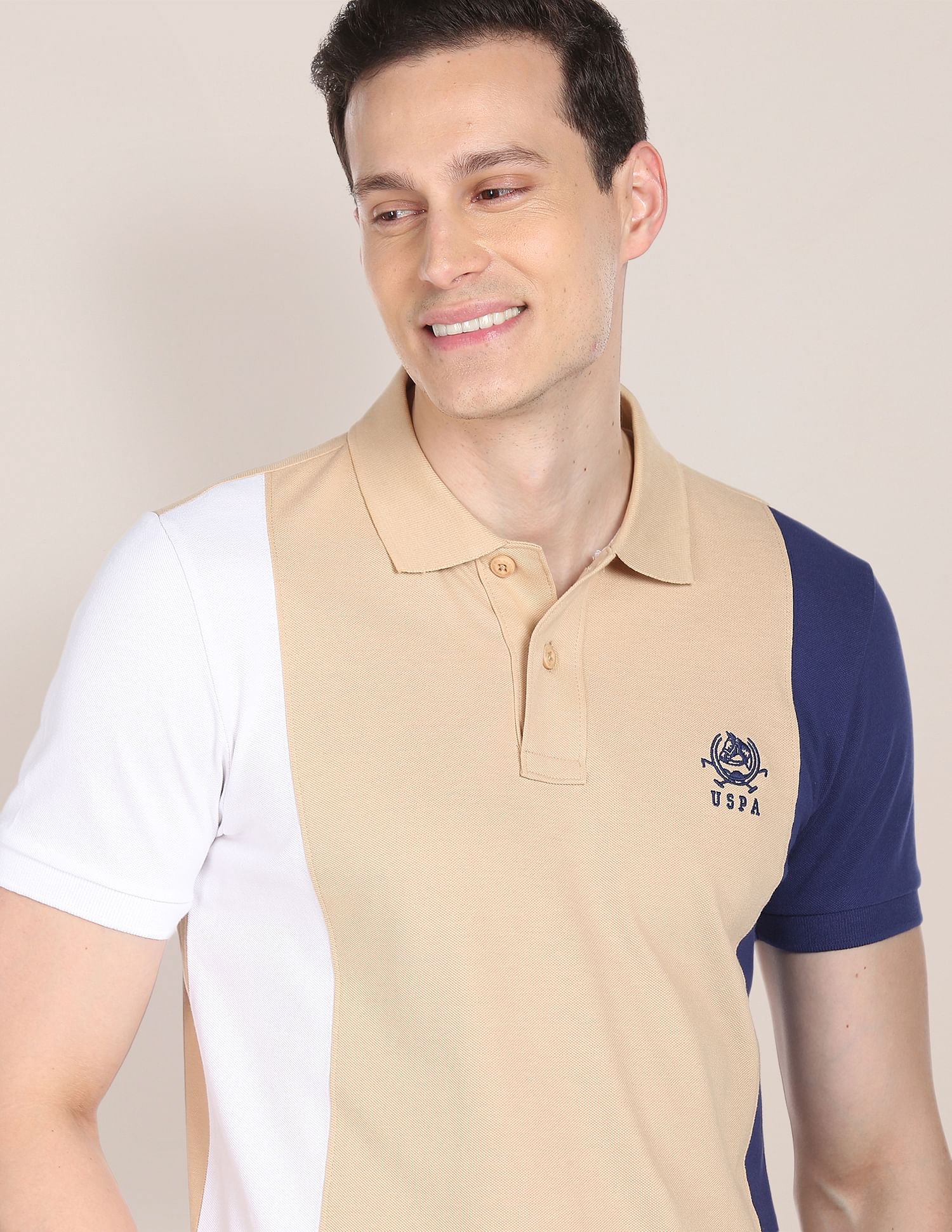 Colour Block Cotton Pique Polo Shirt Beige - U.S. POLO ASSN. | Large