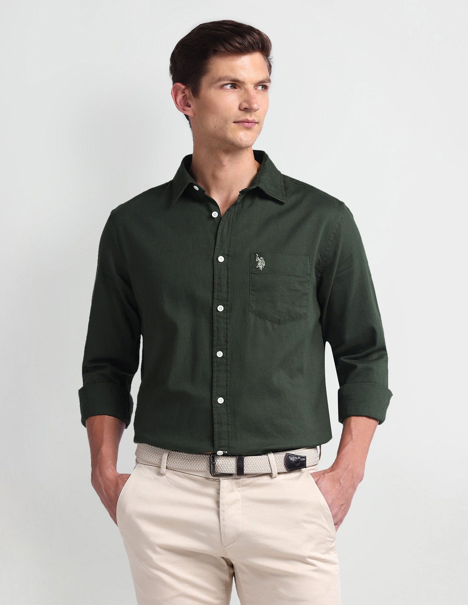 Semi Cutaway Collar Tailored Fit Shirt Olive - U.S. Polo Assn. India | Large