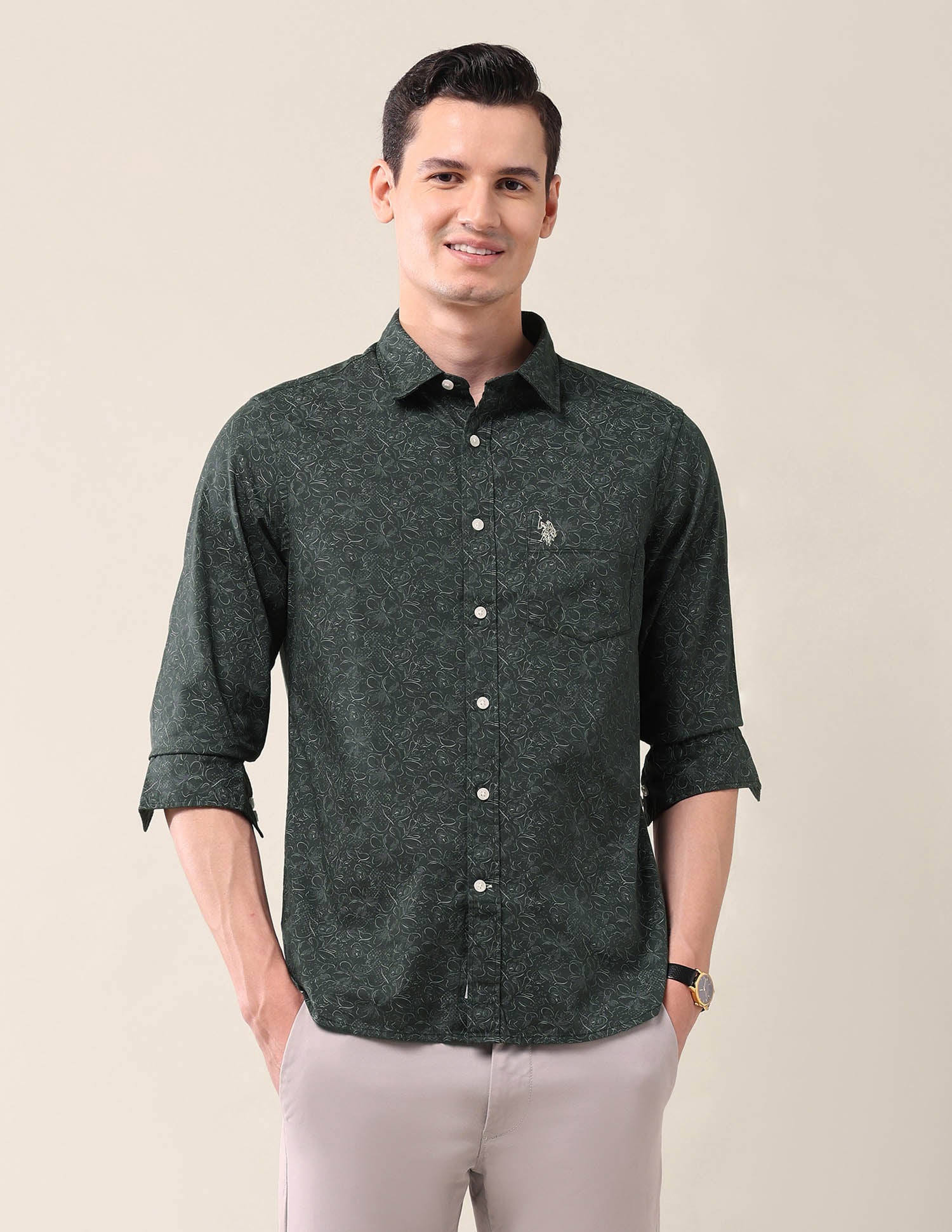 All-Over Printed Tailored Fit Shirt Dark Green - U.S. Polo Assn. India | Large