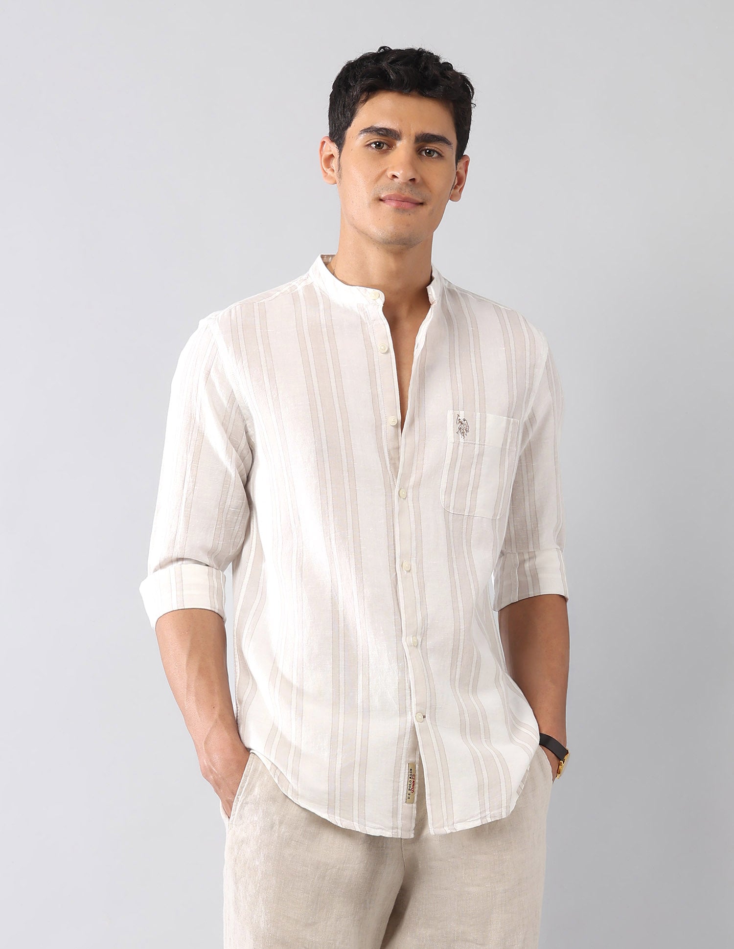 Vertical Striped Poplin Regular Fit Shirt Ecru - U.S. Polo Assn. India | Large