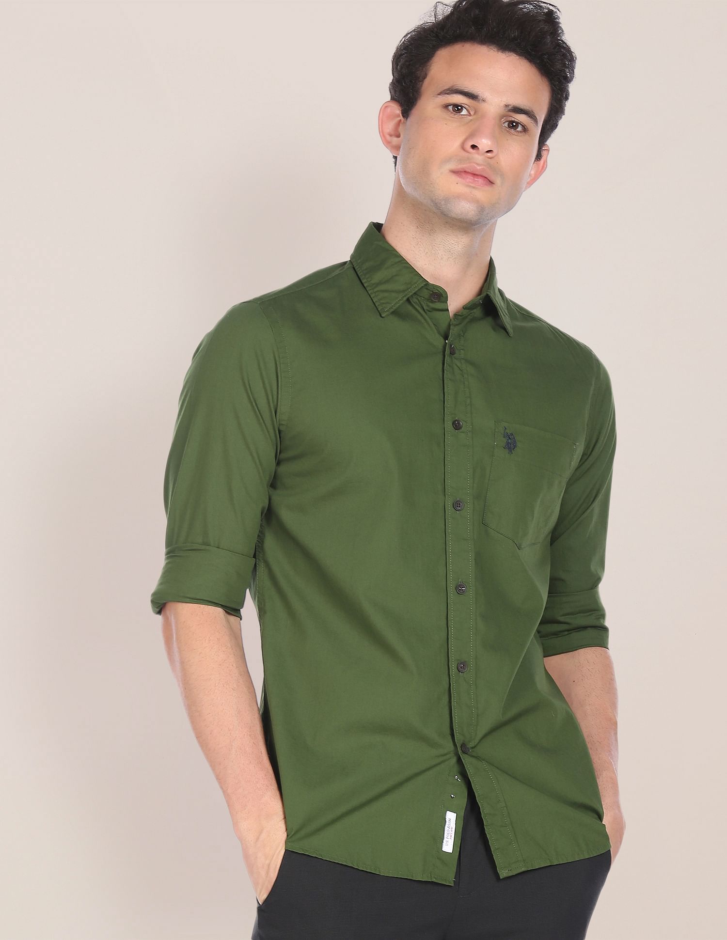Men Green Spread Collar Solid Casual Shirt Green - U.S. POLO ASSN. | Large
