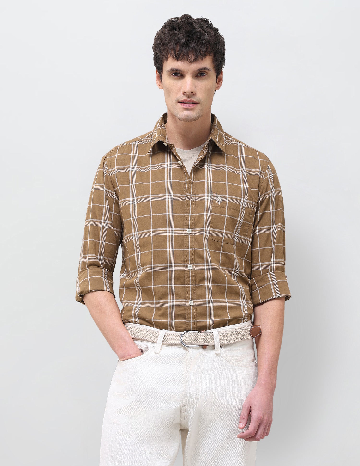 Grid Tattersall Checked Regular Fit Shirt Light Brown - U.S. Polo Assn. India | Large