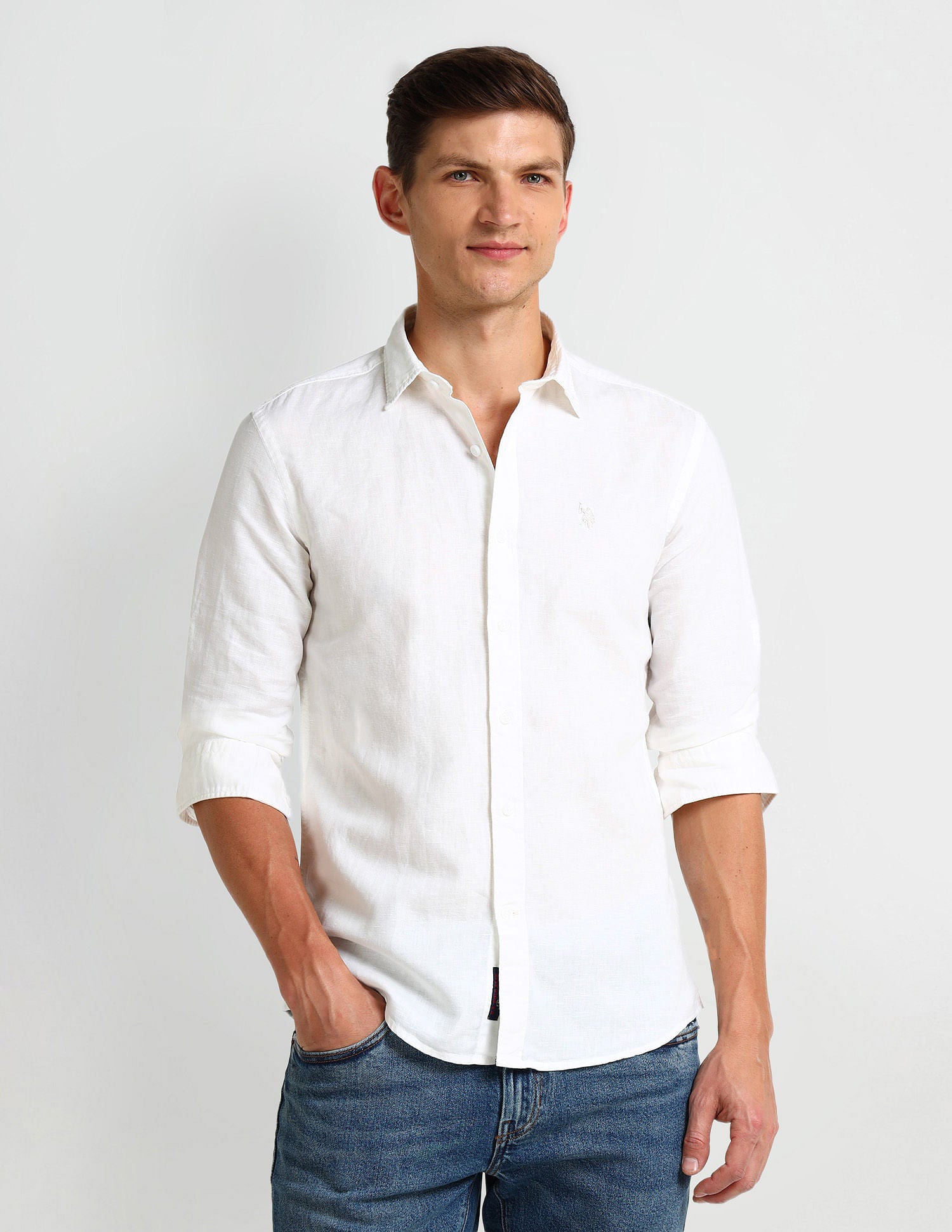 Slim Fit Poplin Linen Shirt White - U.S. Polo Assn. India | Large