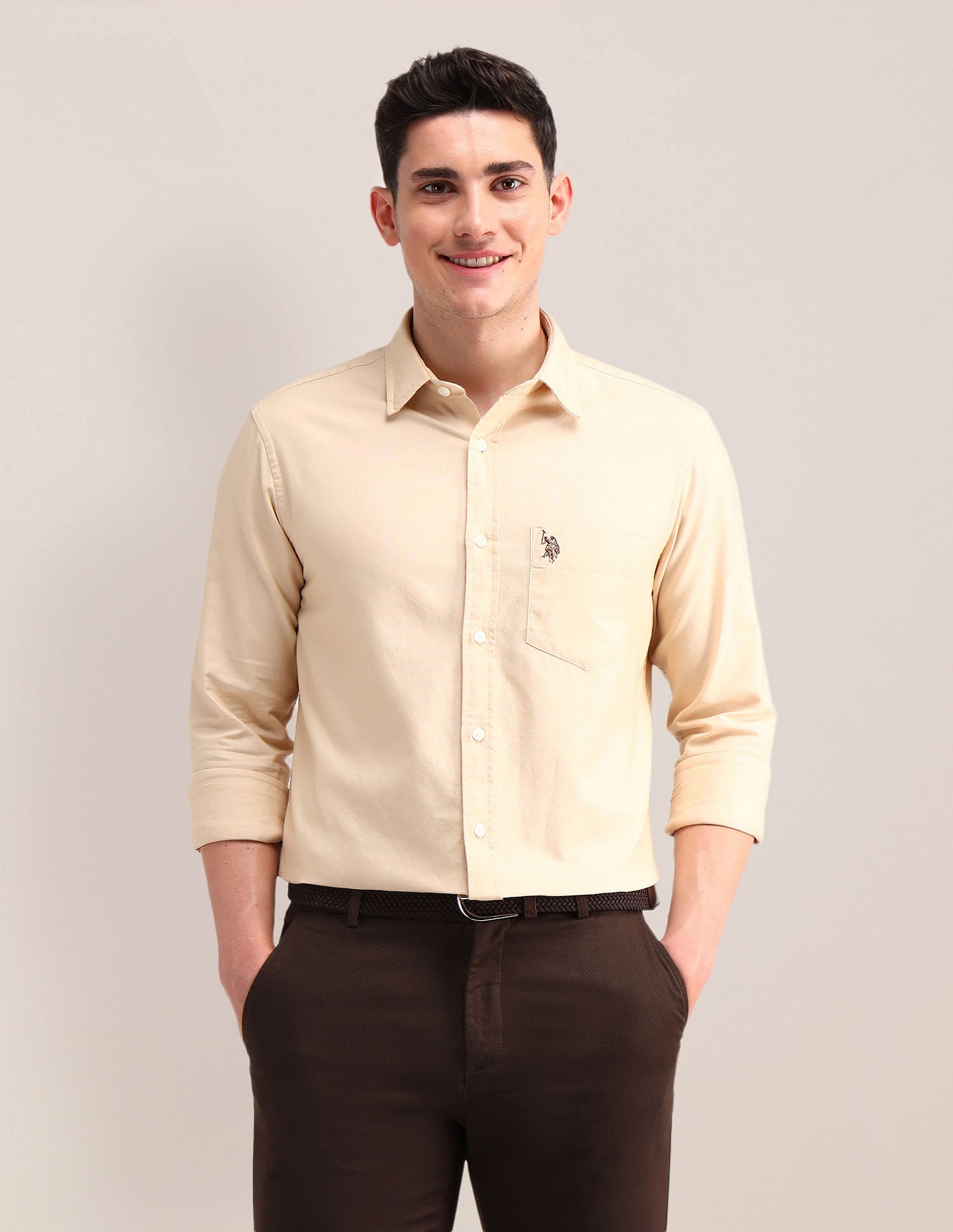 Tailored Fit Pure Cotton Shirt Light Beige - U.S. Polo Assn. India | Large