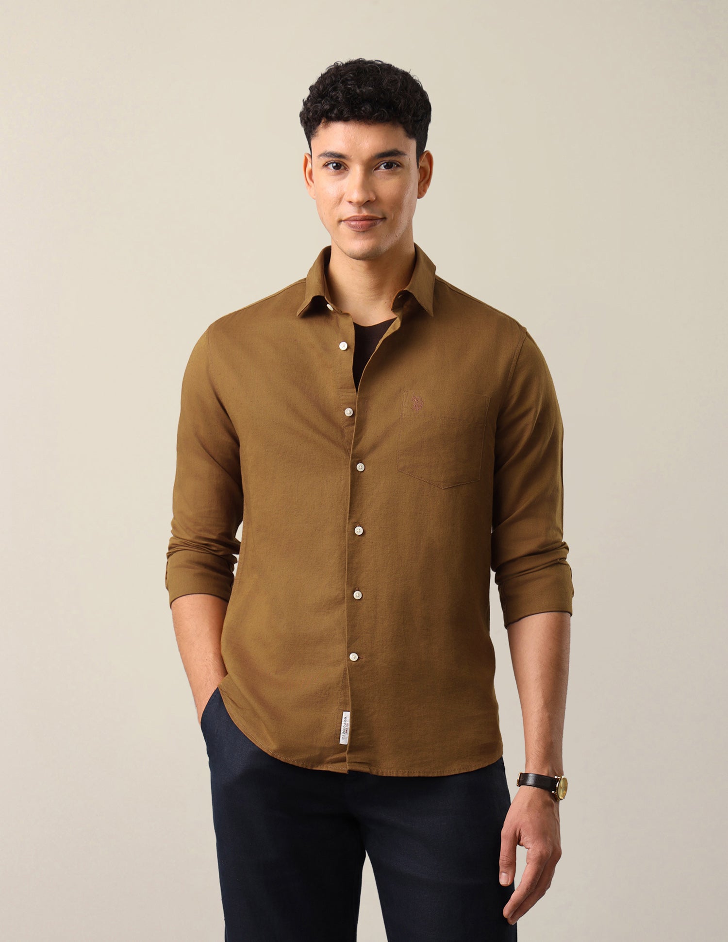 Solid Tailored Fit Shirt Khaki - U.S. Polo Assn. India | Large