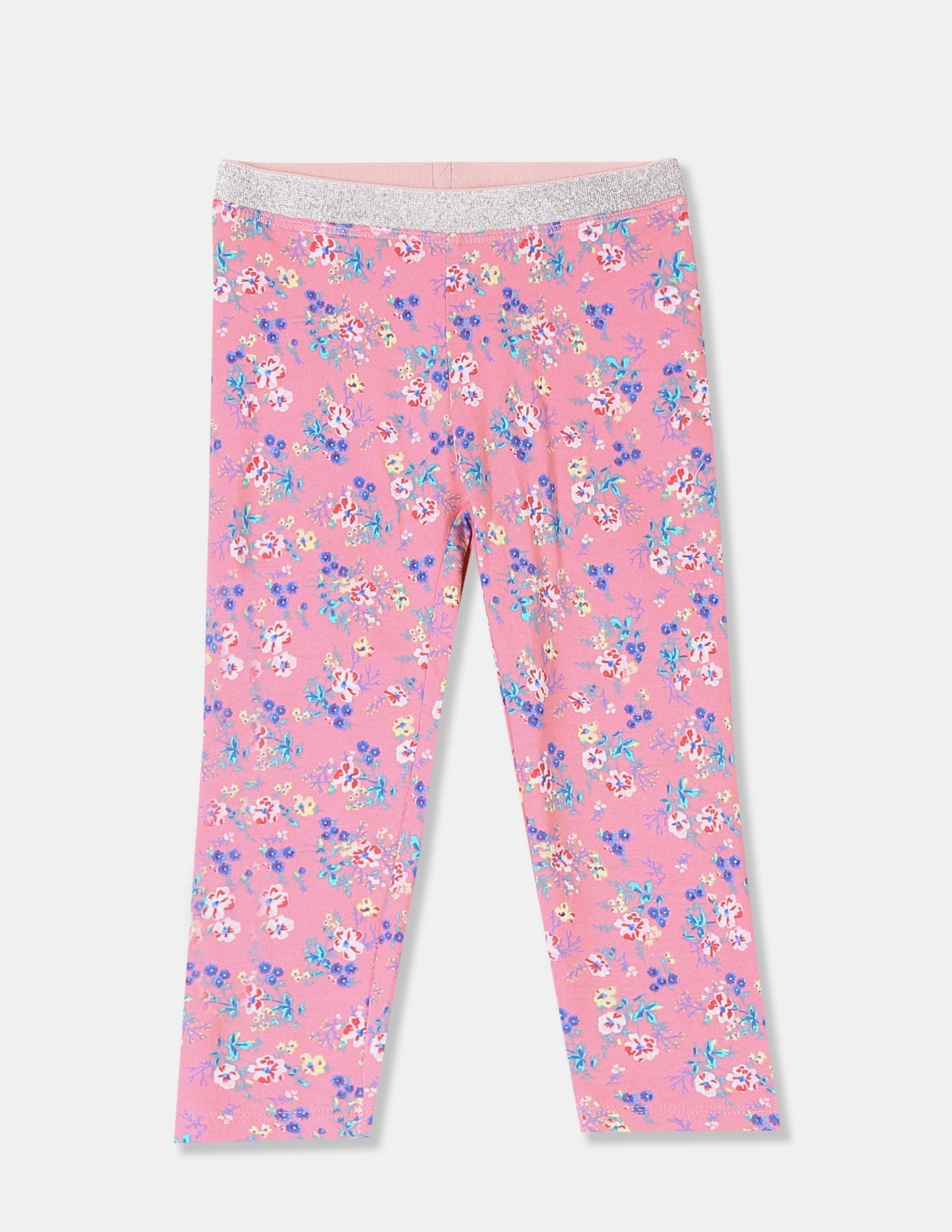 Girls Pink Shimmery Waistband Floral Print Leggings