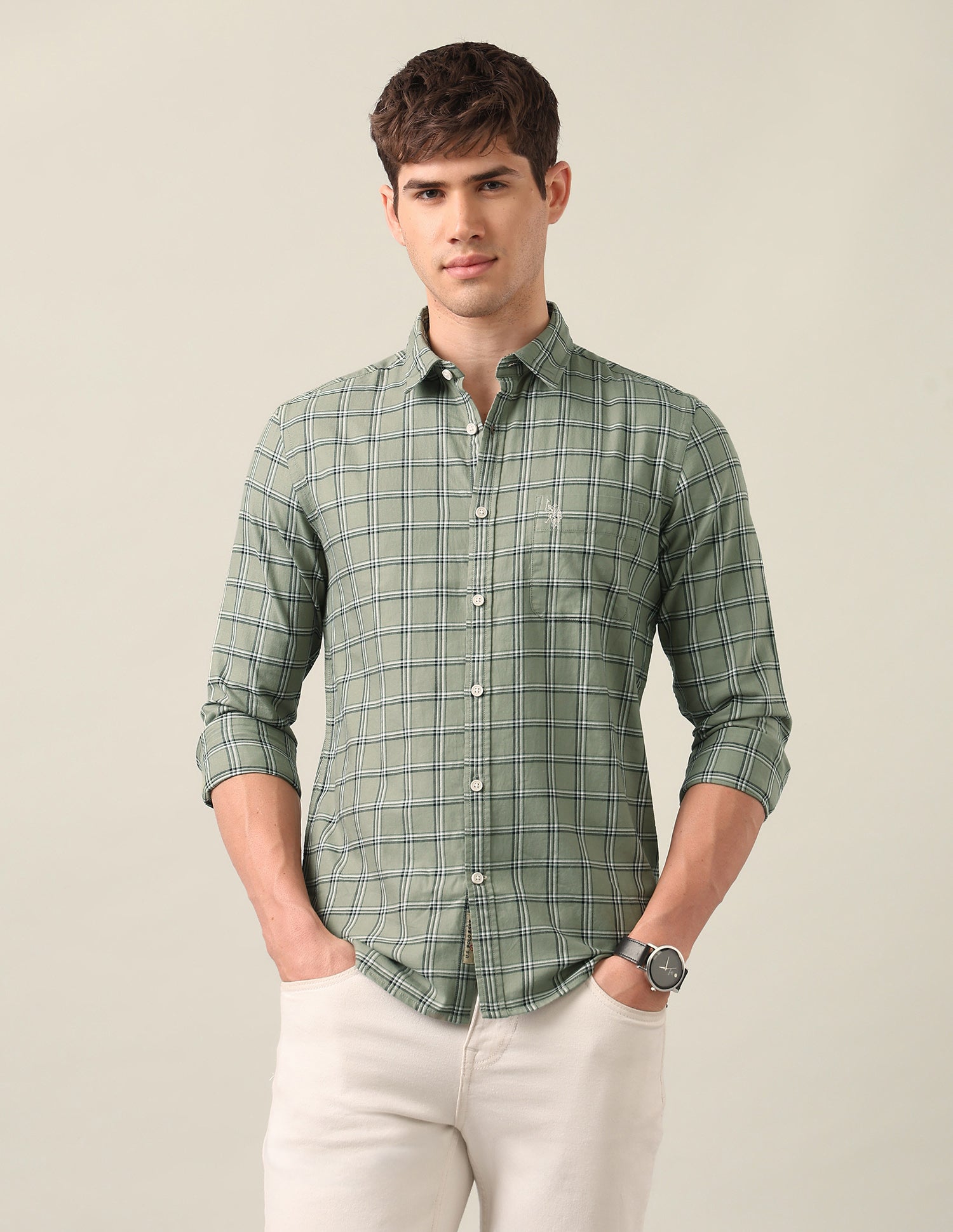 Grid Tattersall Checked Twill Shirt Olive - U.S. Polo Assn. India | Large