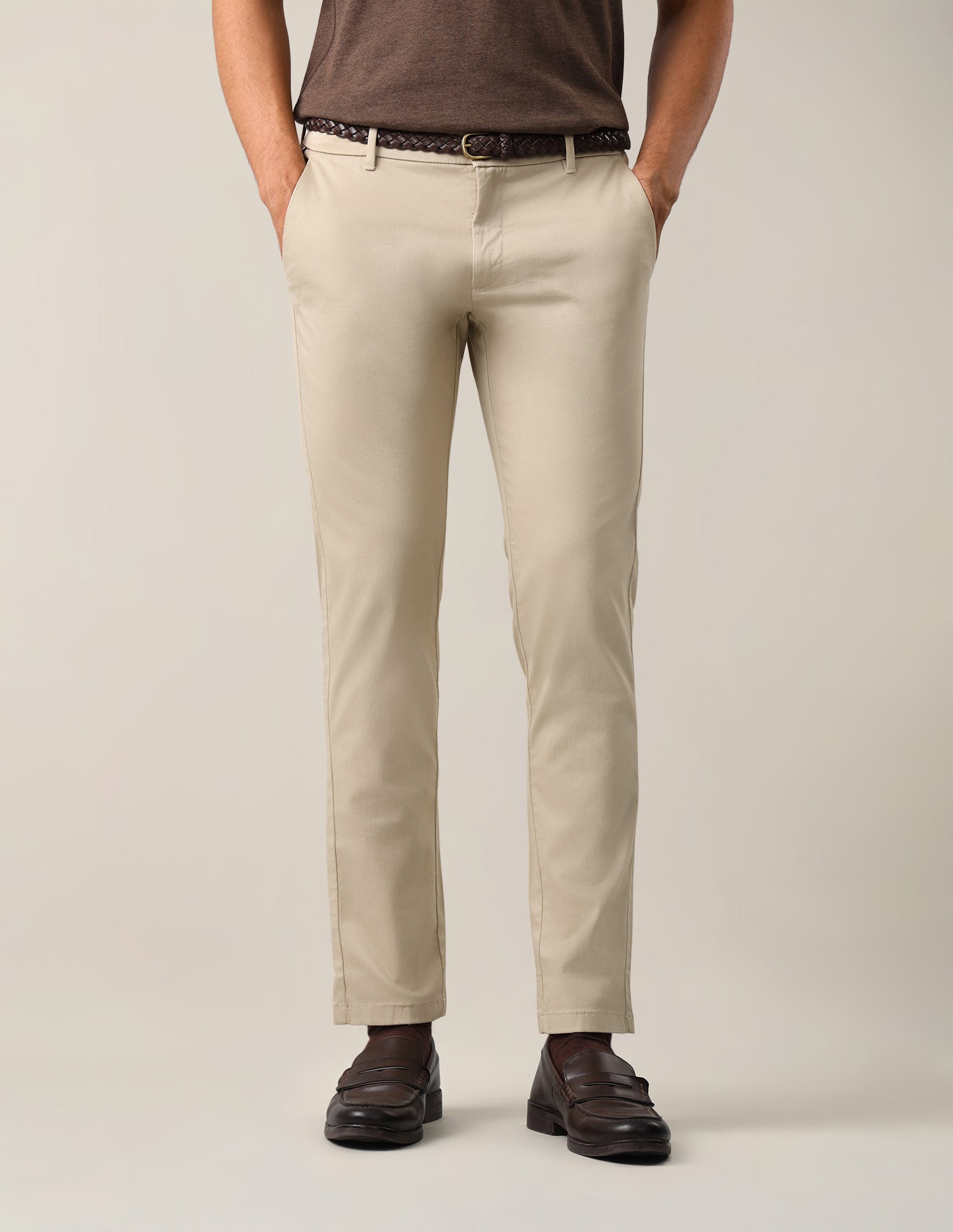 Denver Slim Fit Dobby Trousers Light Khaki - U.S. Polo Assn. India | Large