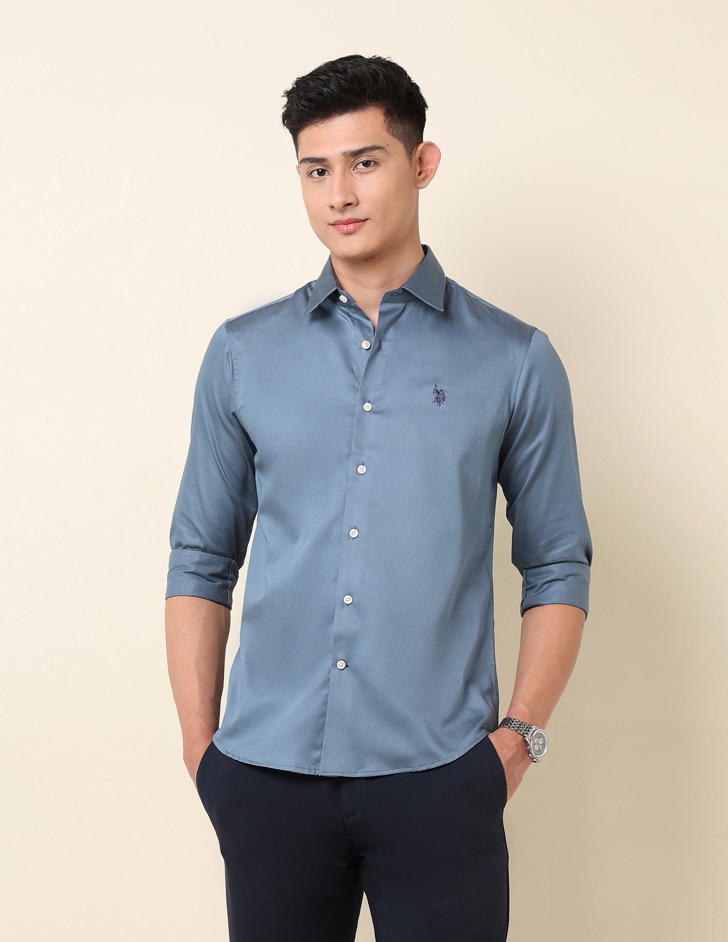 Pure Cotton Tailored Fit Shirt Blue - U.S. Polo Assn. India | Large