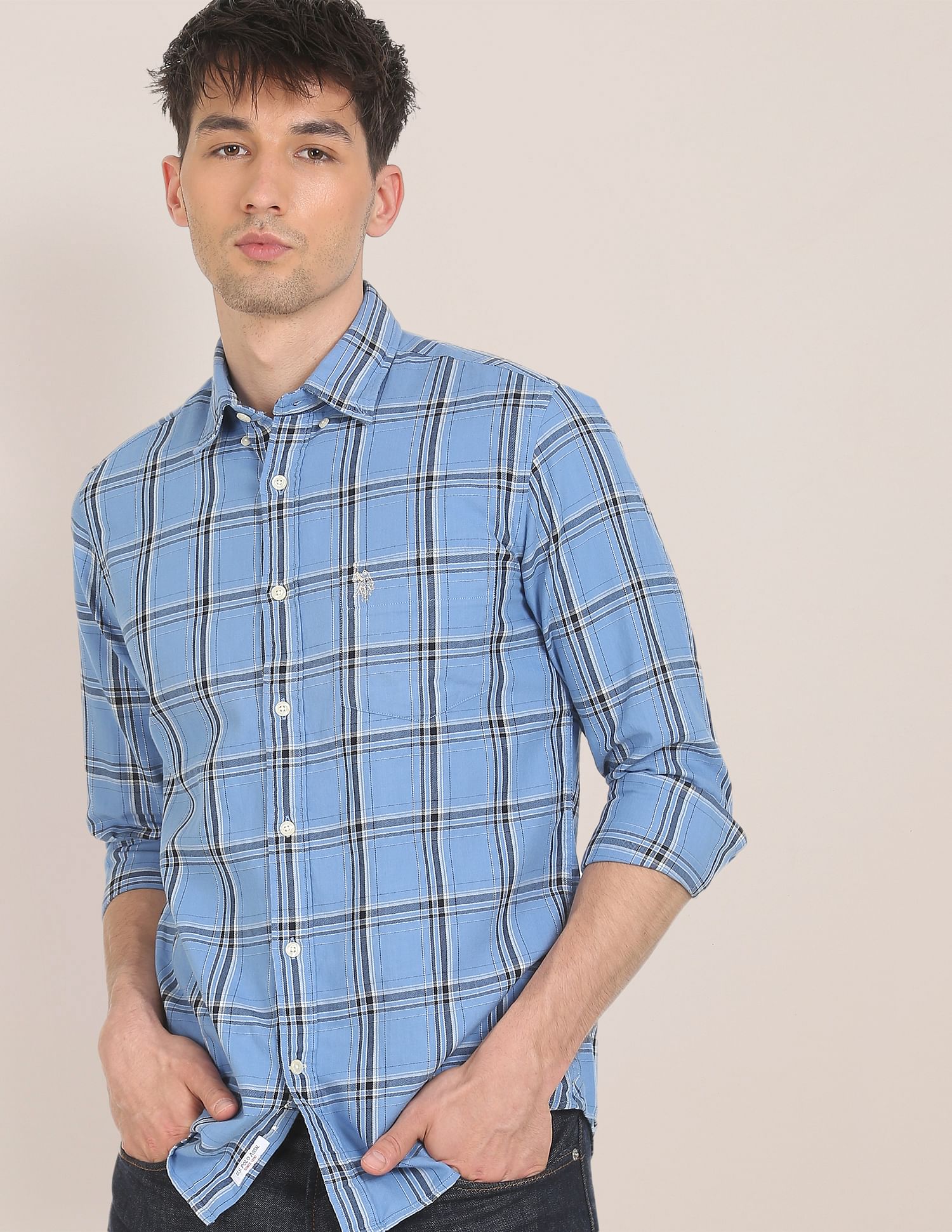Men Blue Button-Down Collar Check Casual Shirt Blue - U.S. POLO ASSN. | Large