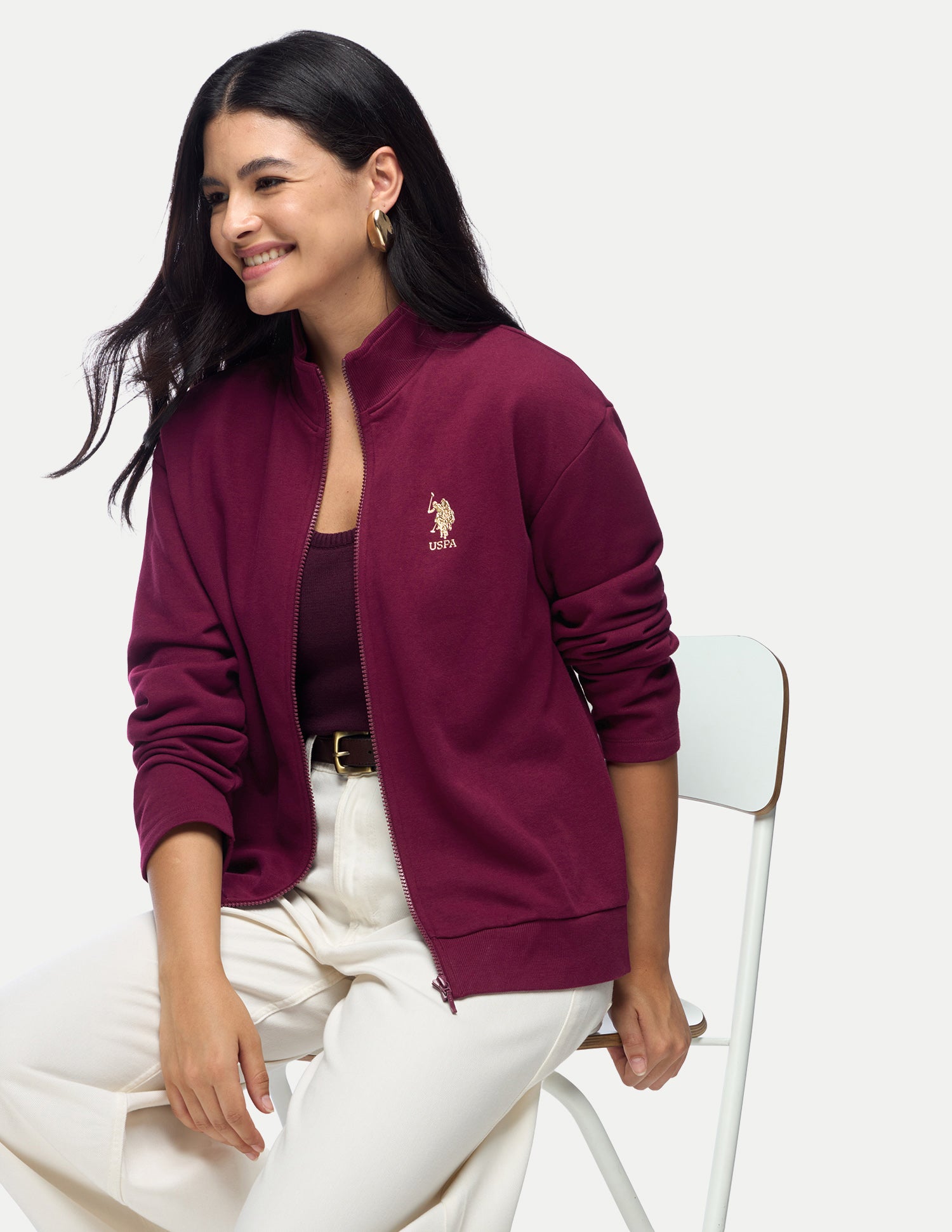 Solid Regular Fit Zipper Sweatshirt Maroon - U.S. Polo Assn. India | Large