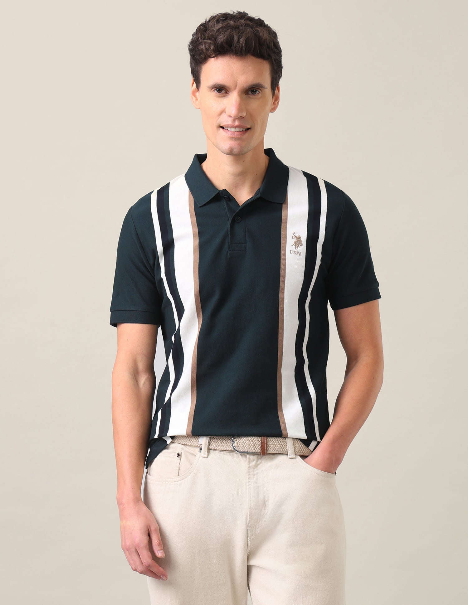 Vertical Striped Slim Fit Polo Shirt Dark Green - U.S. Polo Assn. India | Large