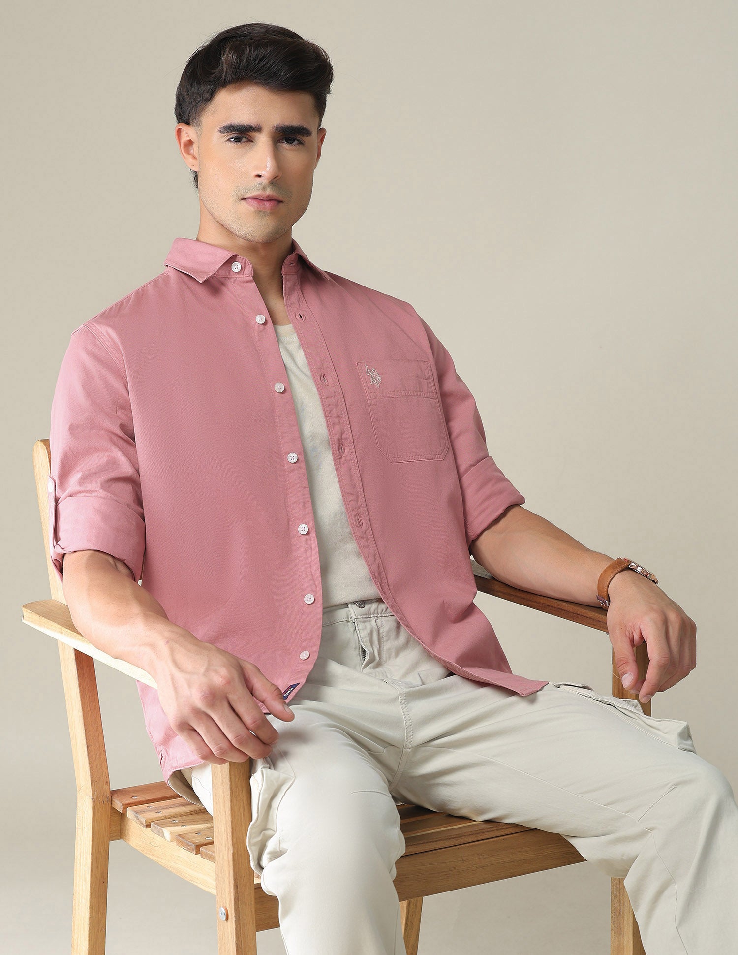 Solid Twill Convertible Sleeve Casual Shirt