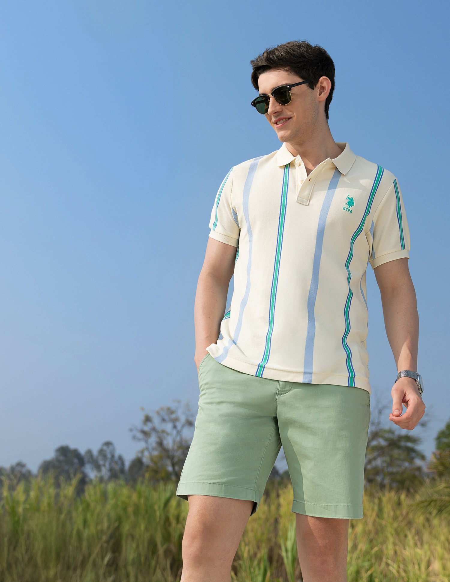 Vertical Striped Slim Fit Polo Shirt Beige - U.S. Polo Assn. India | Large