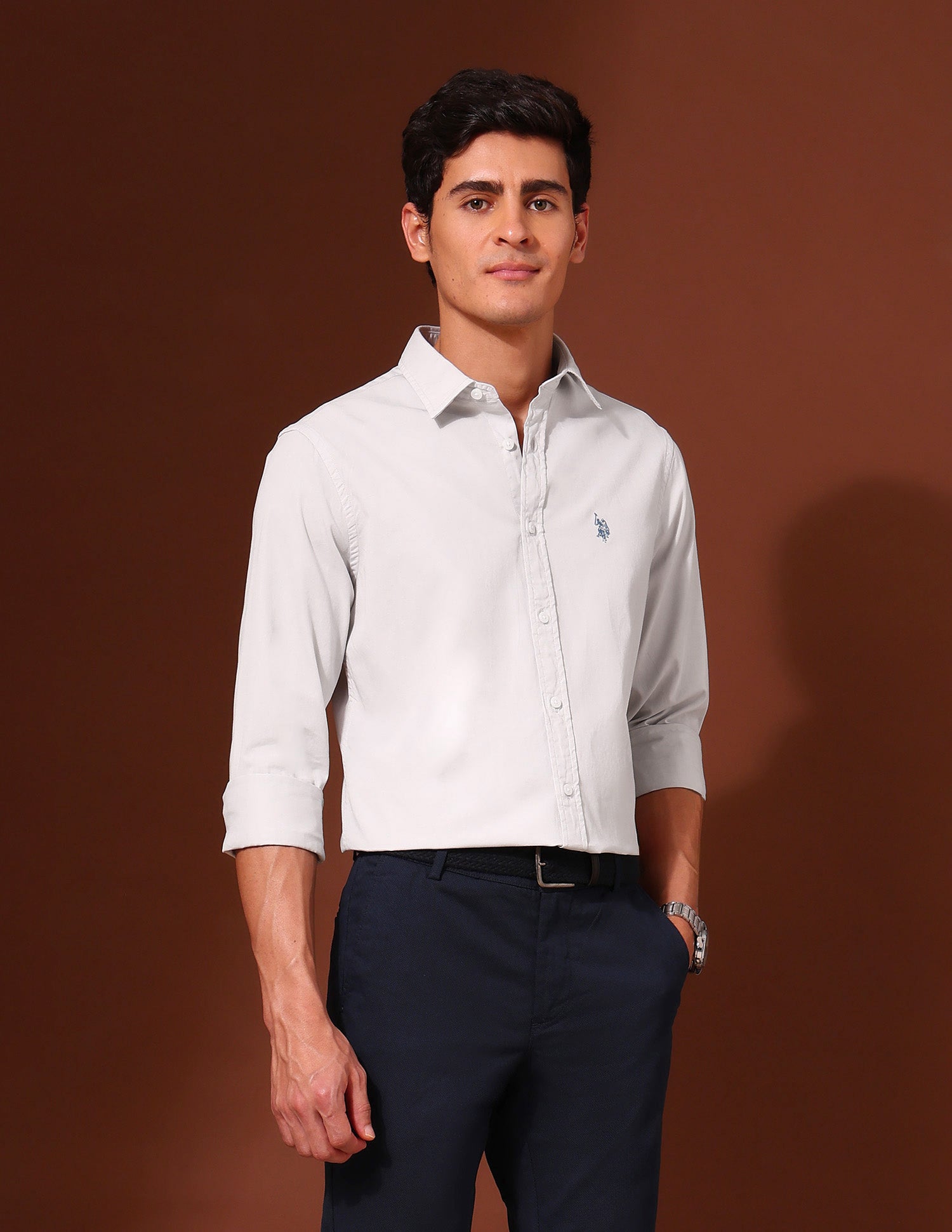 Pure Cotton Tailored Fit Twill Shirt Grey - U.S. Polo Assn. India | Large