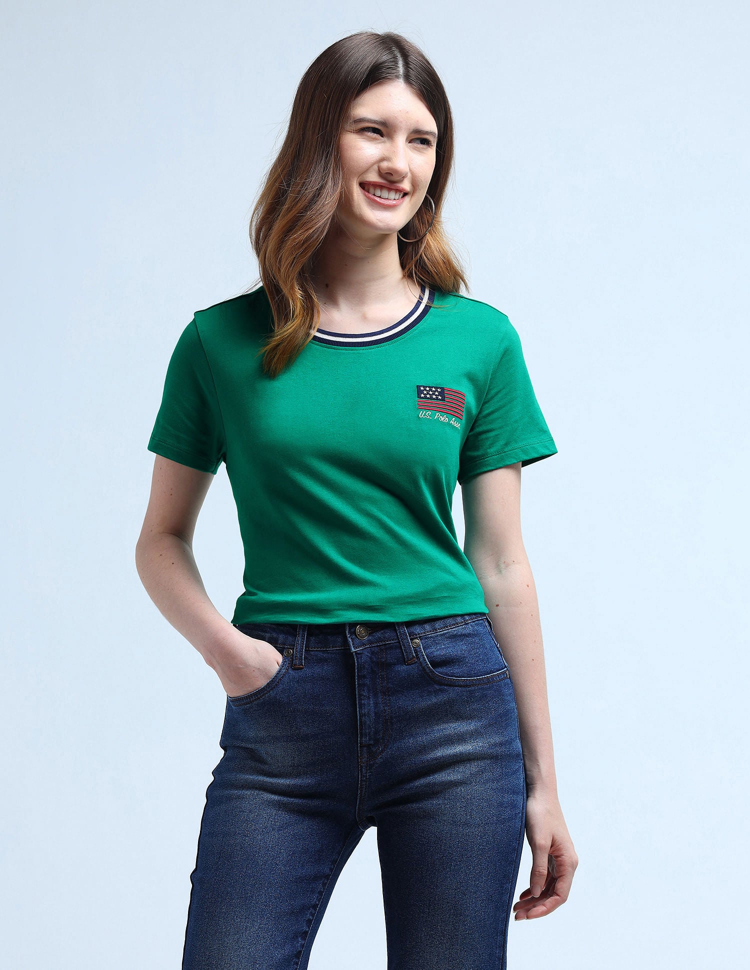 Flag Embroidered Tipped Neck T-Shirt