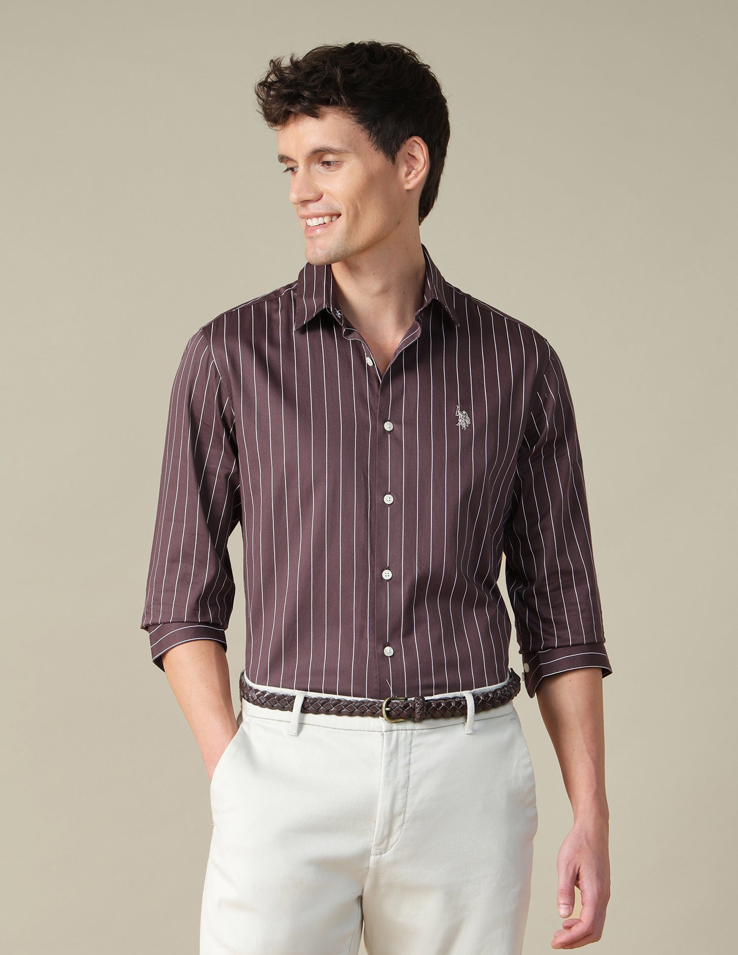 Tailored Fit Vertical Striped Shirt Brown - U.S. Polo Assn. India | Large
