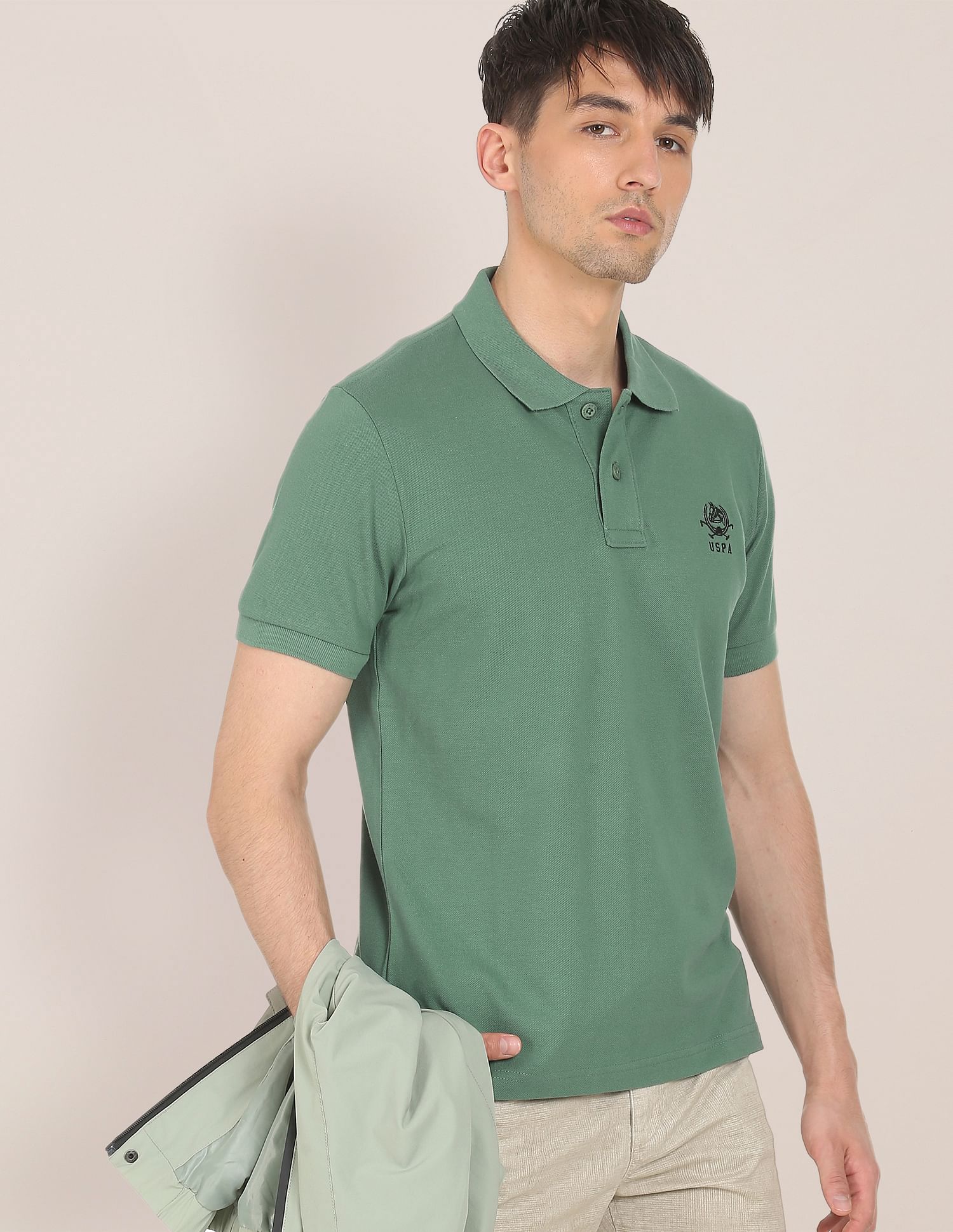 Men Green Cotton Solid Polo Sirt Green - U.S. Polo Assn. India | Large