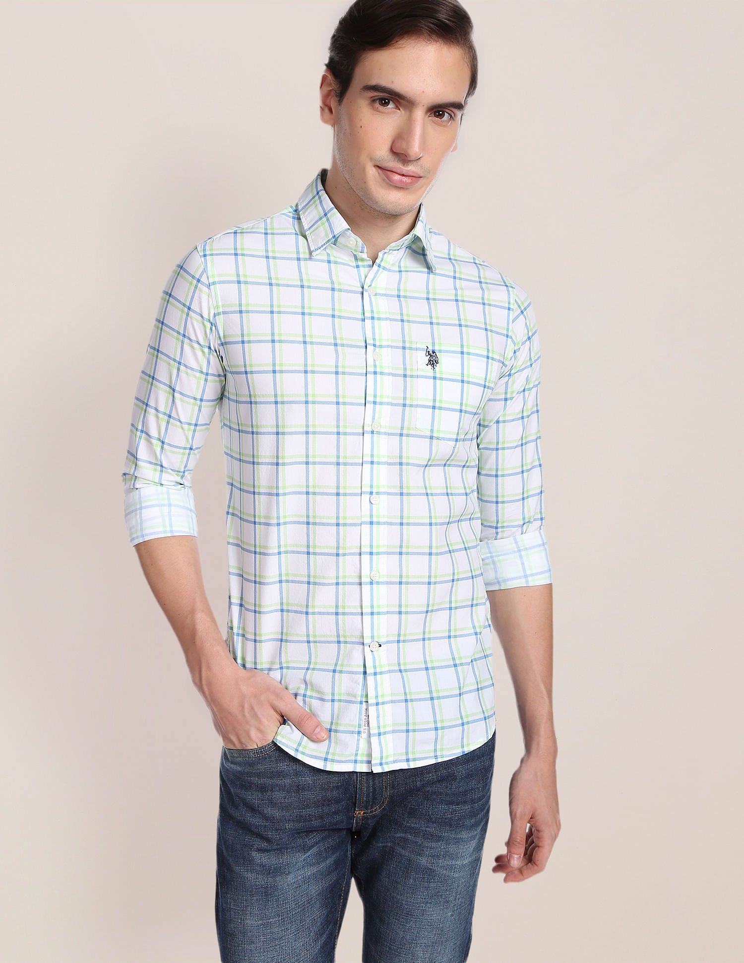 Cotton Tartan Check Shirt Light Green and Blue - U.S. POLO ASSN. | Large