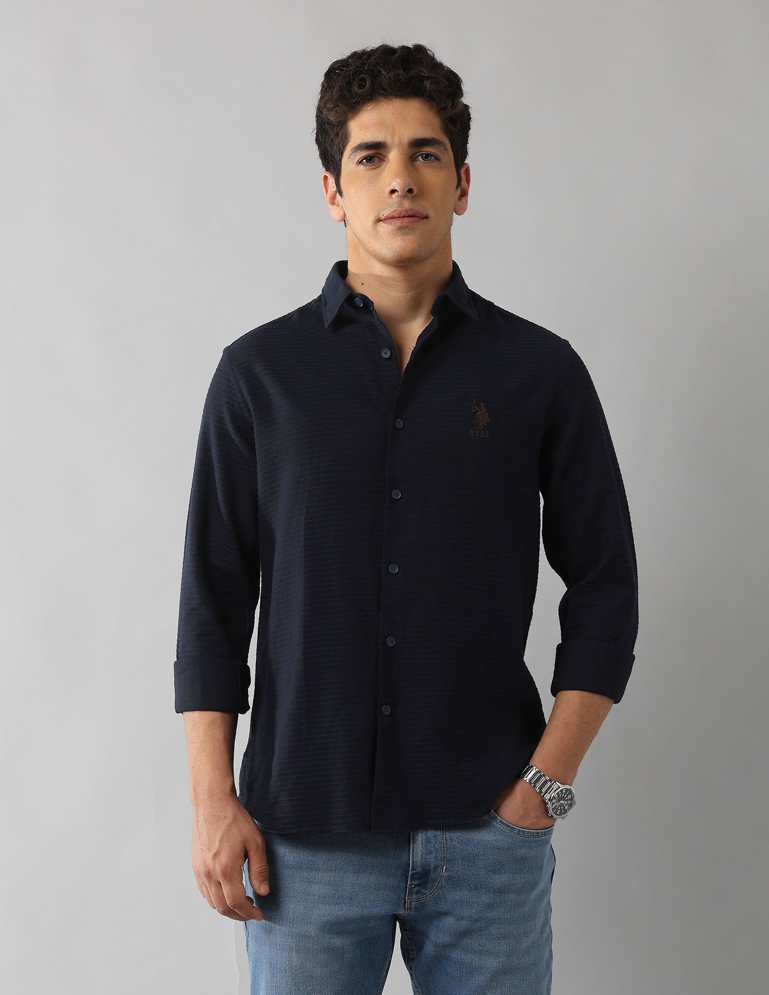 Regular Fit Textured Shirt Navy - U.S. Polo Assn. India | Large