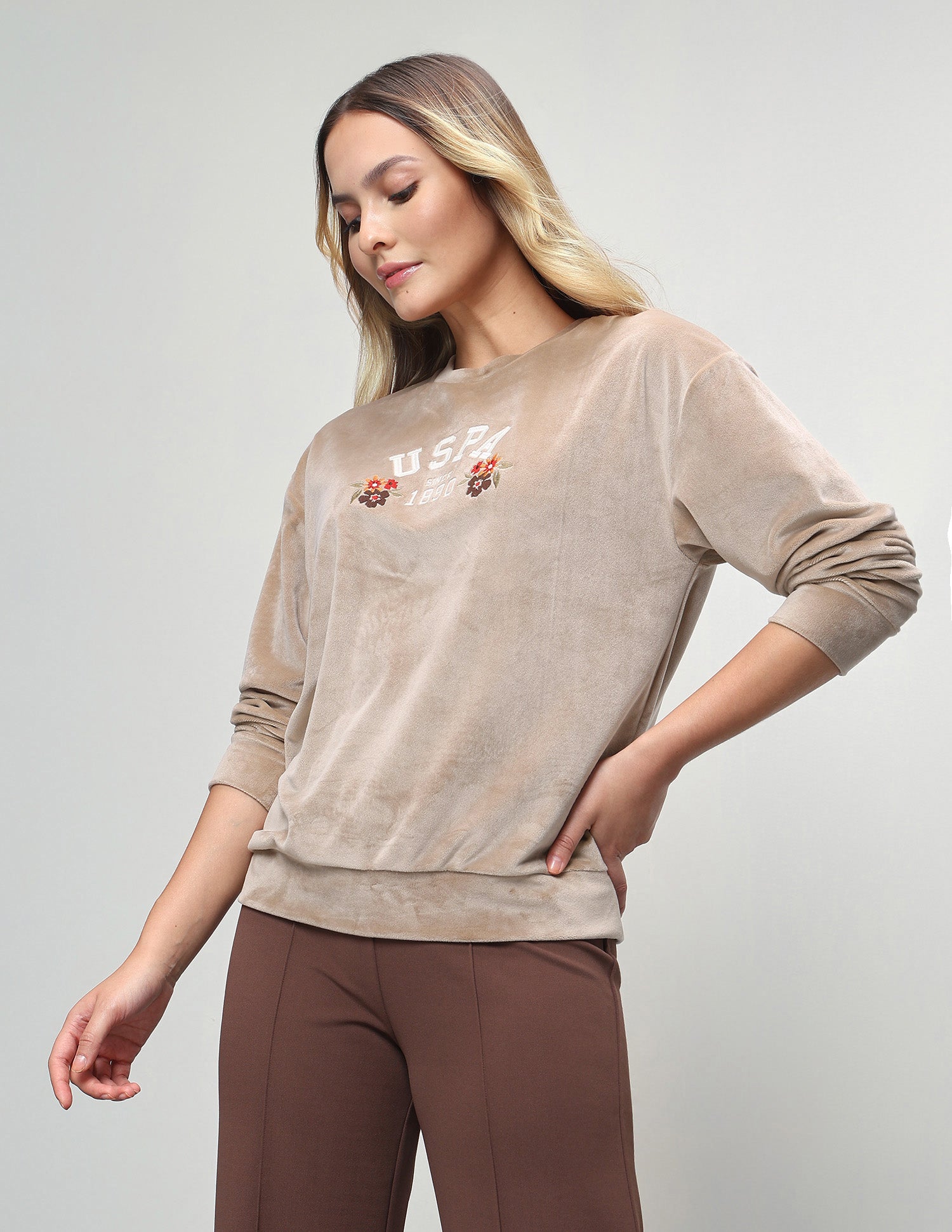 Brand Floral Embroidered Relaxed Fit Sweatshirt Beige - U.S. Polo Assn. India | Large