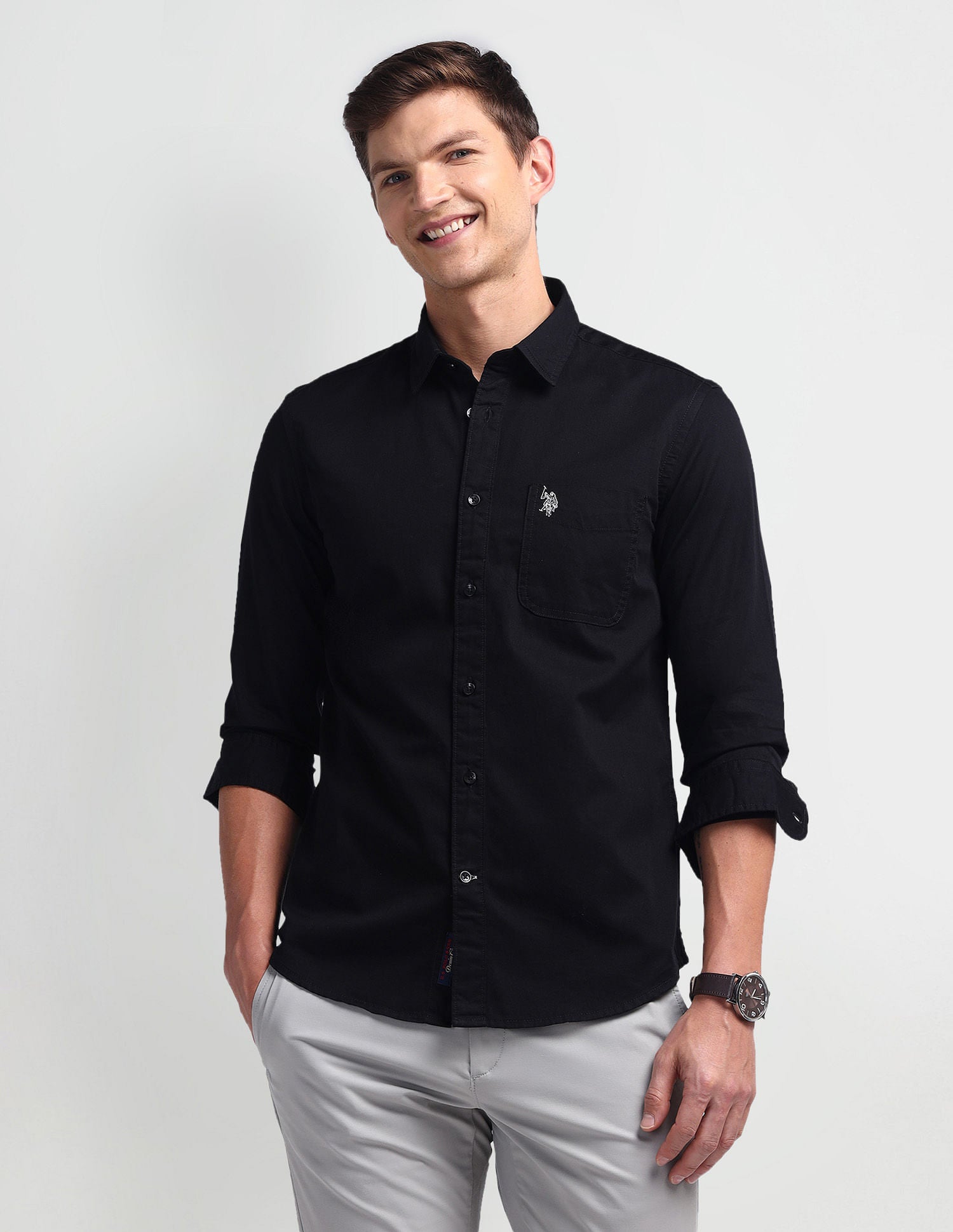 Semi Cutaway Collar Slim Fit Shirt Black - U.S. Polo Assn. India | Large