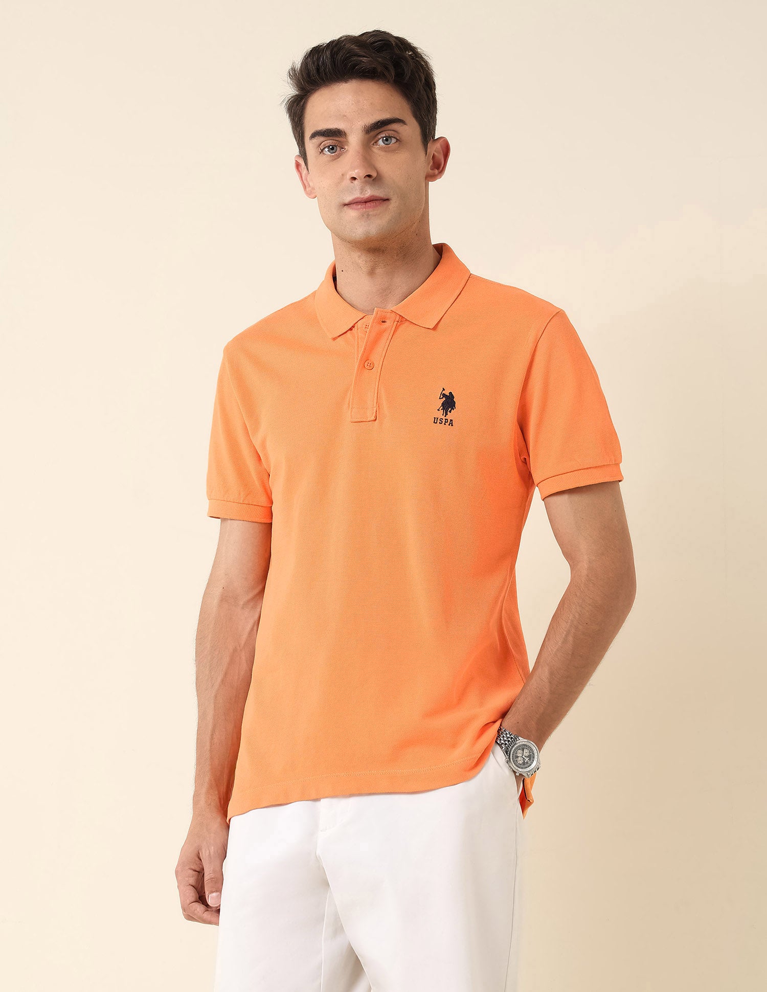 Slim Fit Pure Cotton Polo Shirt Orange - U.S. Polo Assn. India | Large