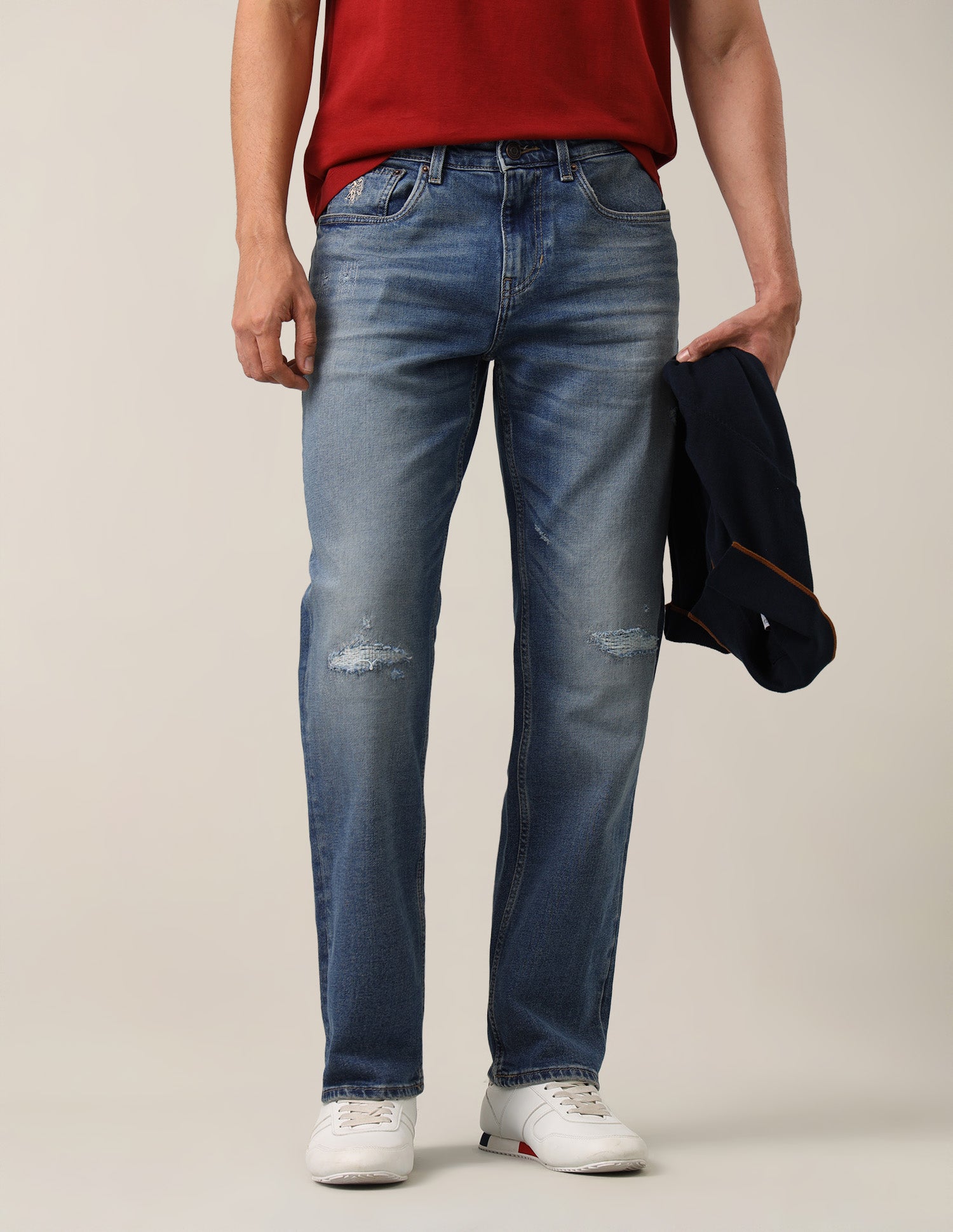 Shawn Relaxed Fit Blue Distressed Jeans Mid Blue - U.S. Polo Assn. India | Large