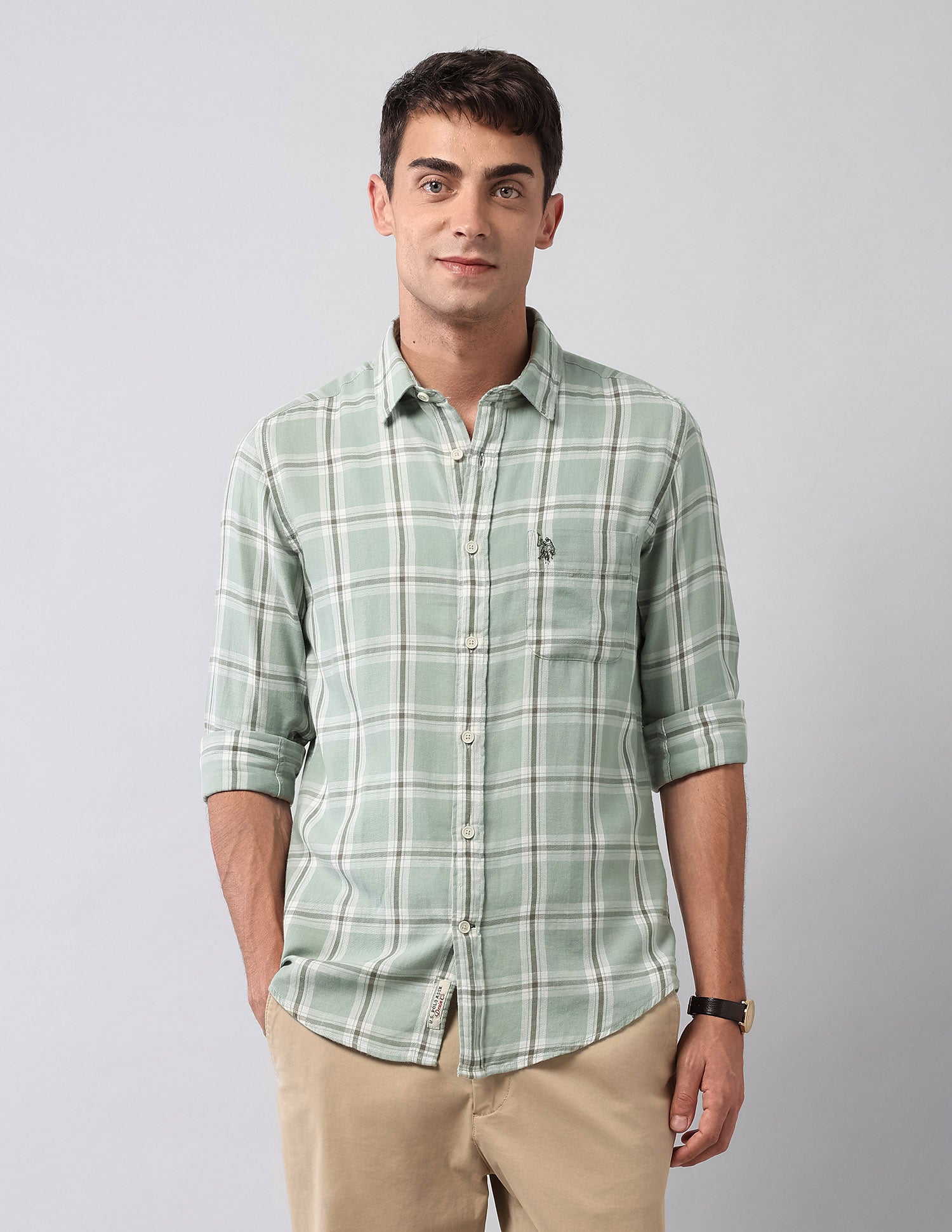 Tartan Checked Pure Cotton Shirt Light Green - U.S. Polo Assn. India | Large
