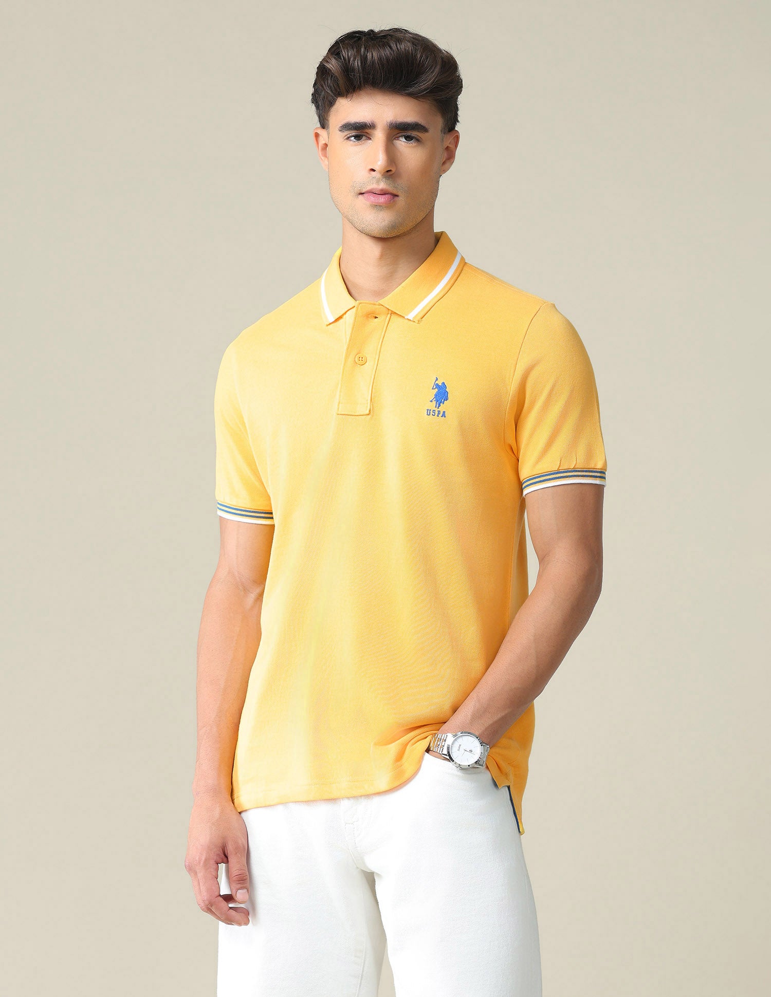 Striped Collar Pique Polo Shirt