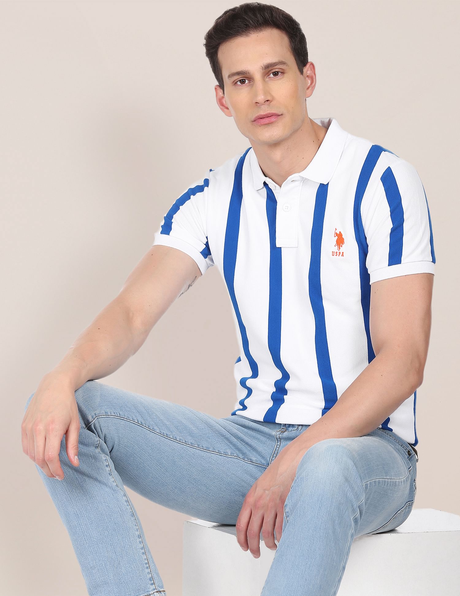 Cotton Vertical Stripe Polo Shirt White and Blue - U.S. Polo Assn. India | Large