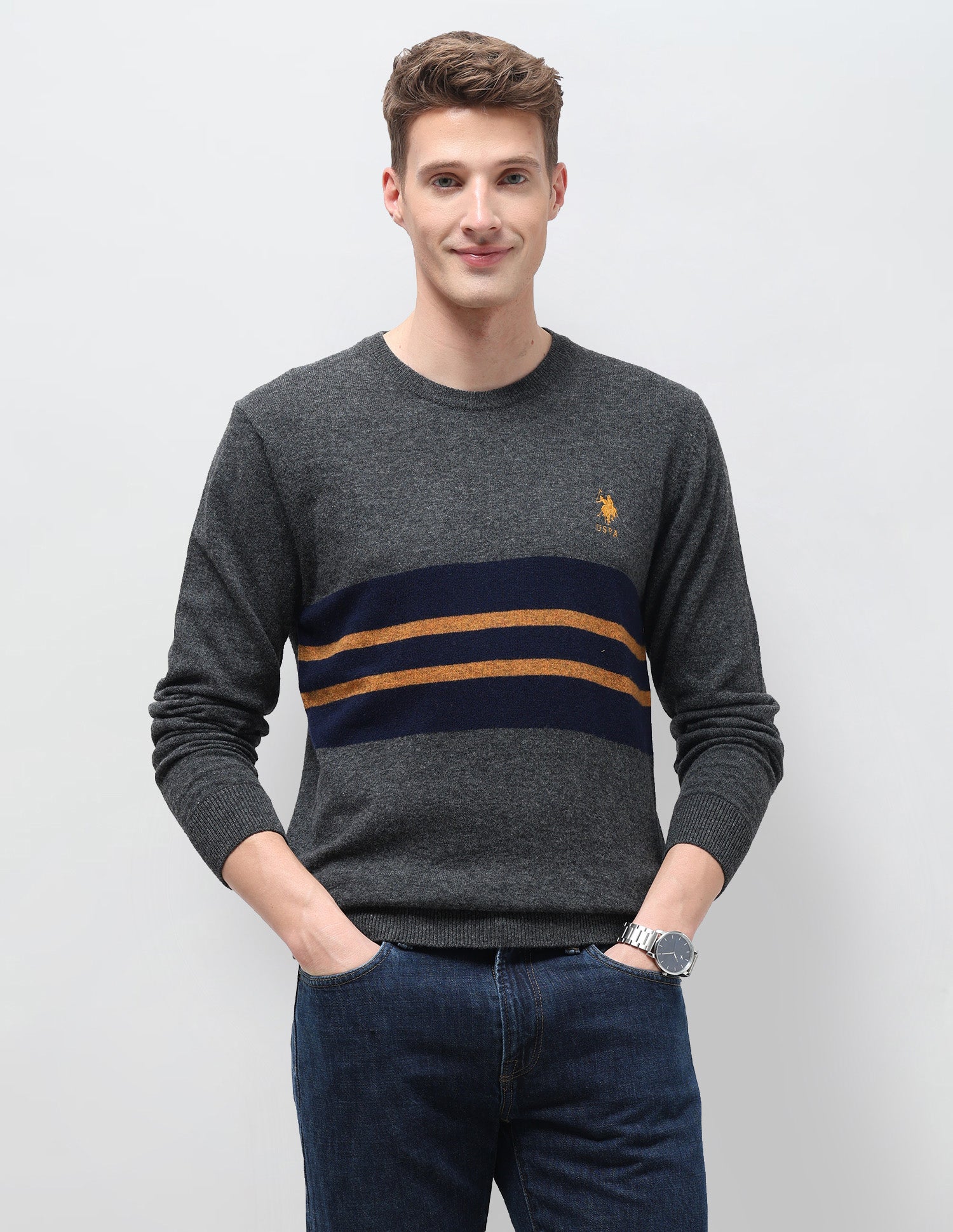 Horizontal Striped Regular Fit Sweater Charcoal - U.S. Polo Assn. India | Large