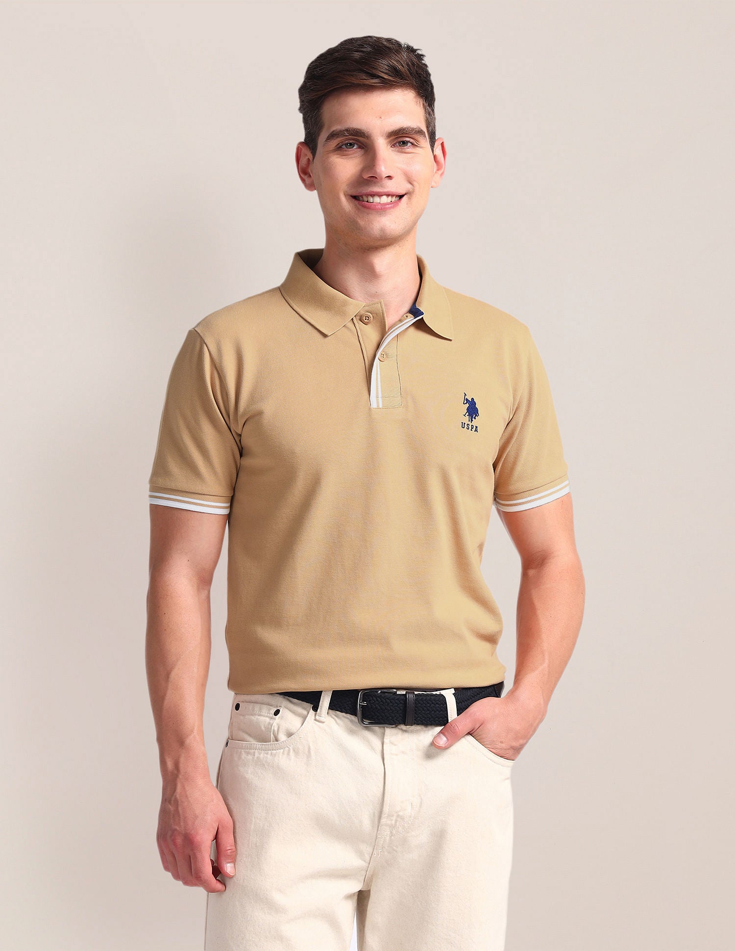 Tipped Placket Slim Polo Shirt Beige - U.S. Polo Assn. India | Large