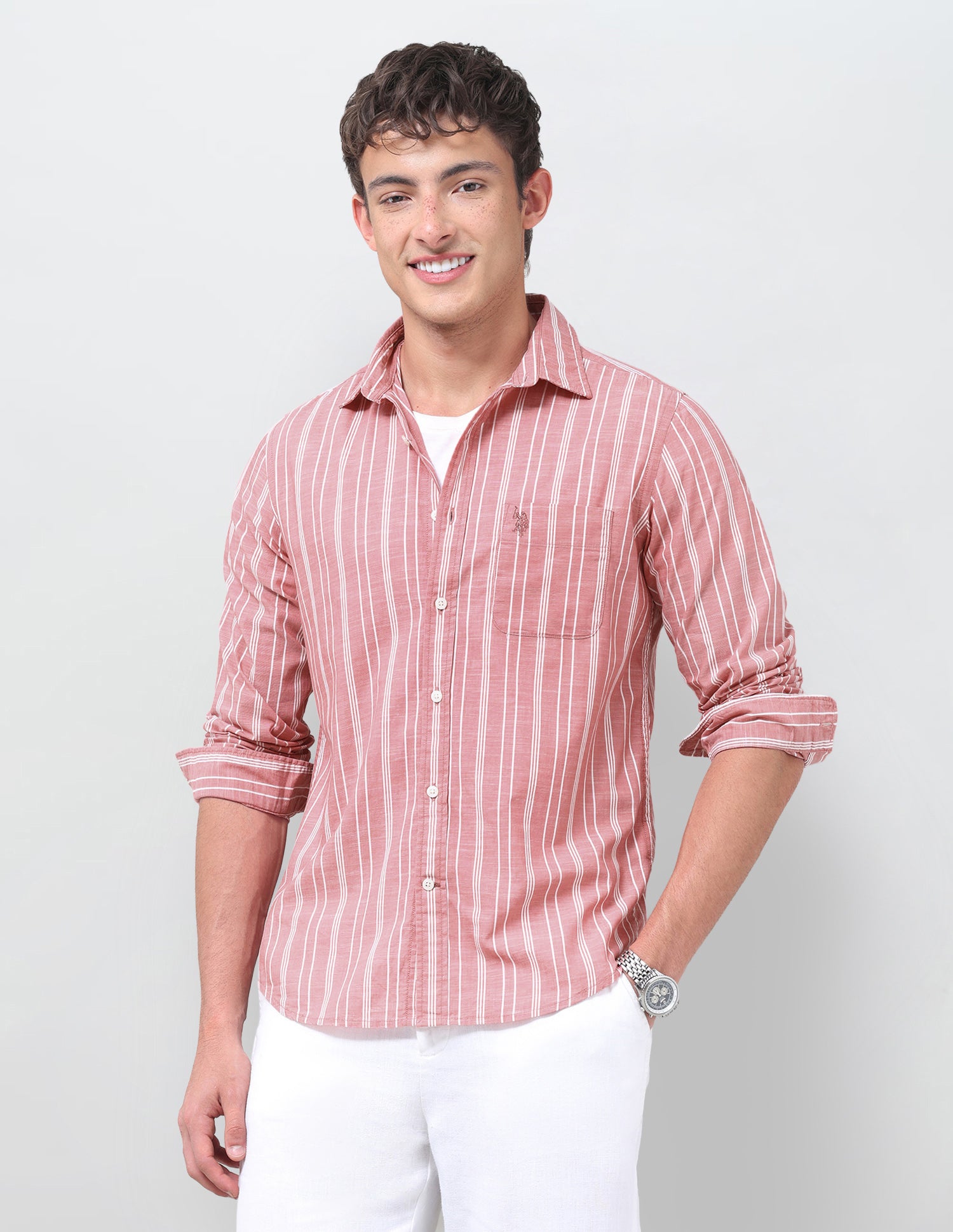 Vertical Striped Regular Fit Shirt Coral - U.S. Polo Assn. India | Large