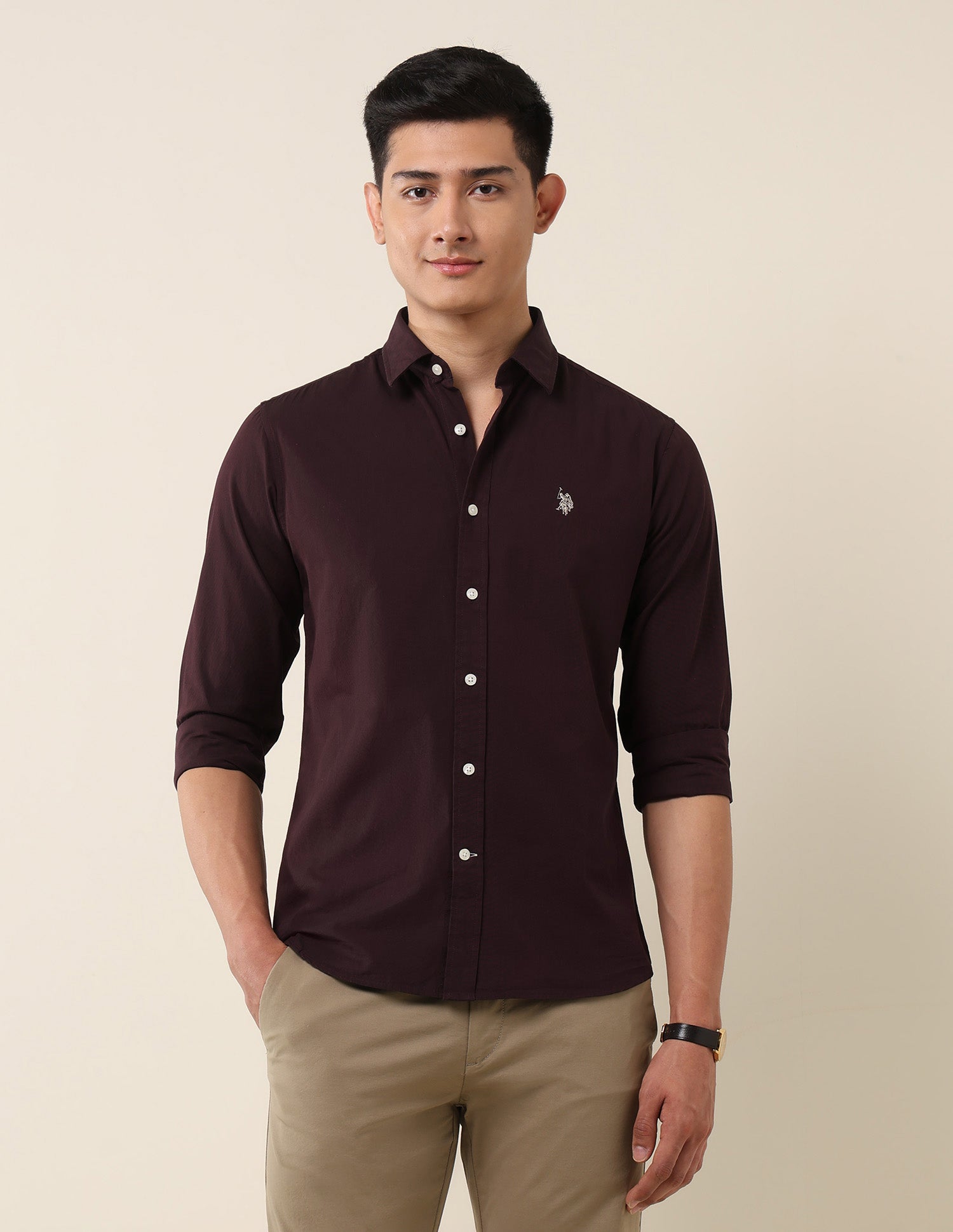 Tailored Fit Pure Cotton Shirt Maroon - U.S. Polo Assn. India | Large
