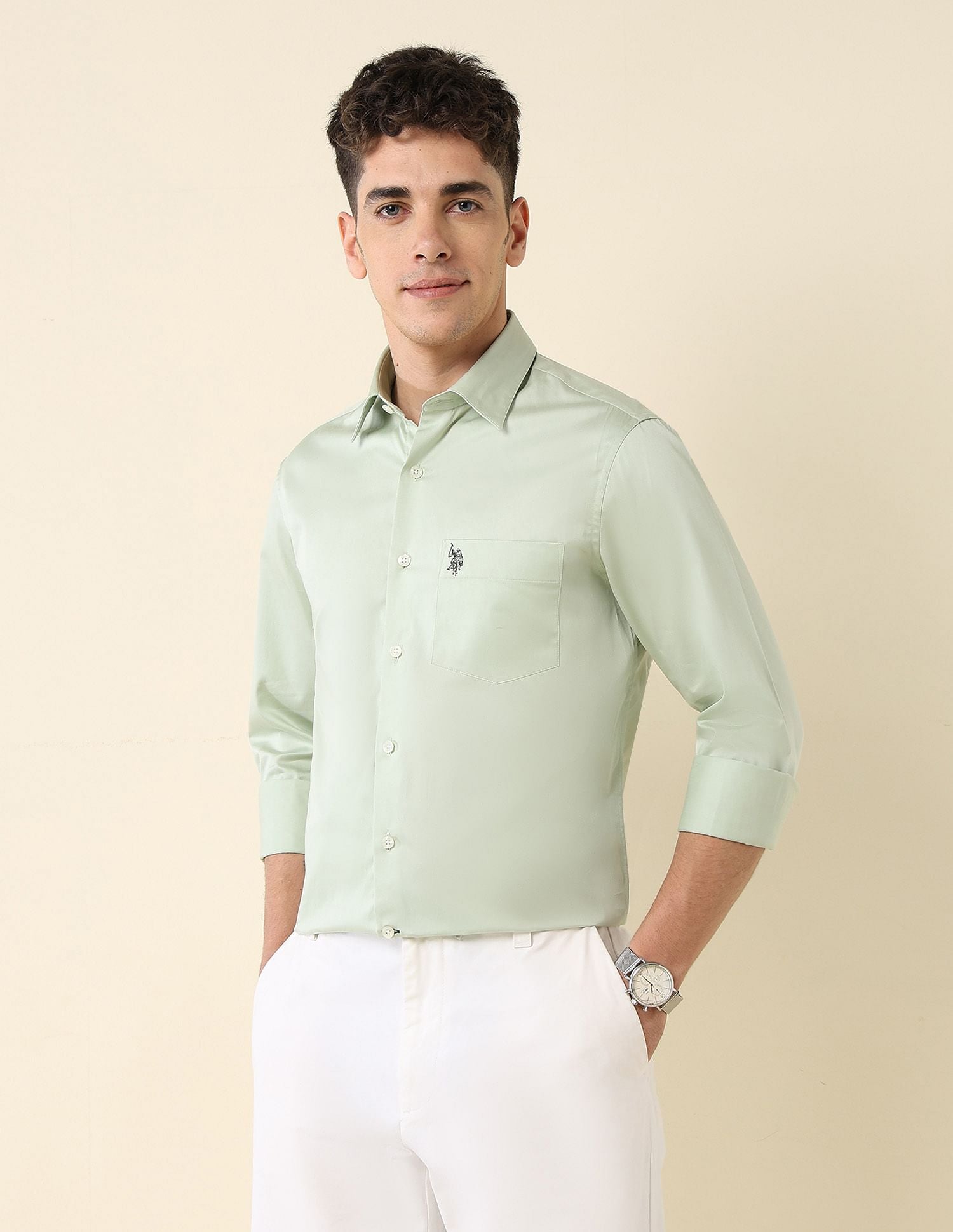 Tailored Fit Satin Shirt Light Green - U.S. Polo Assn. India | Large