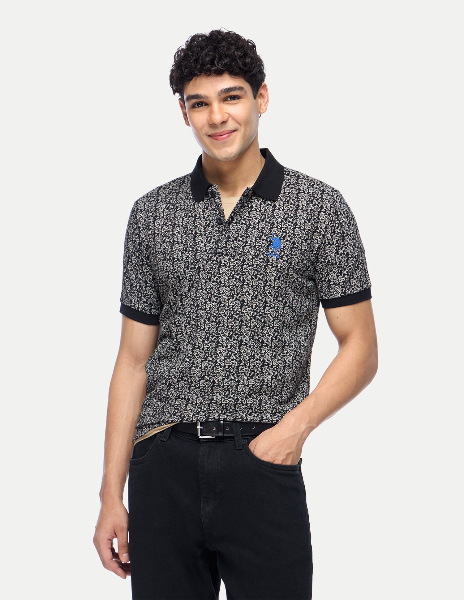 Floral Print Slim Fit Polo Shirt Black - U.S. Polo Assn. India | Large