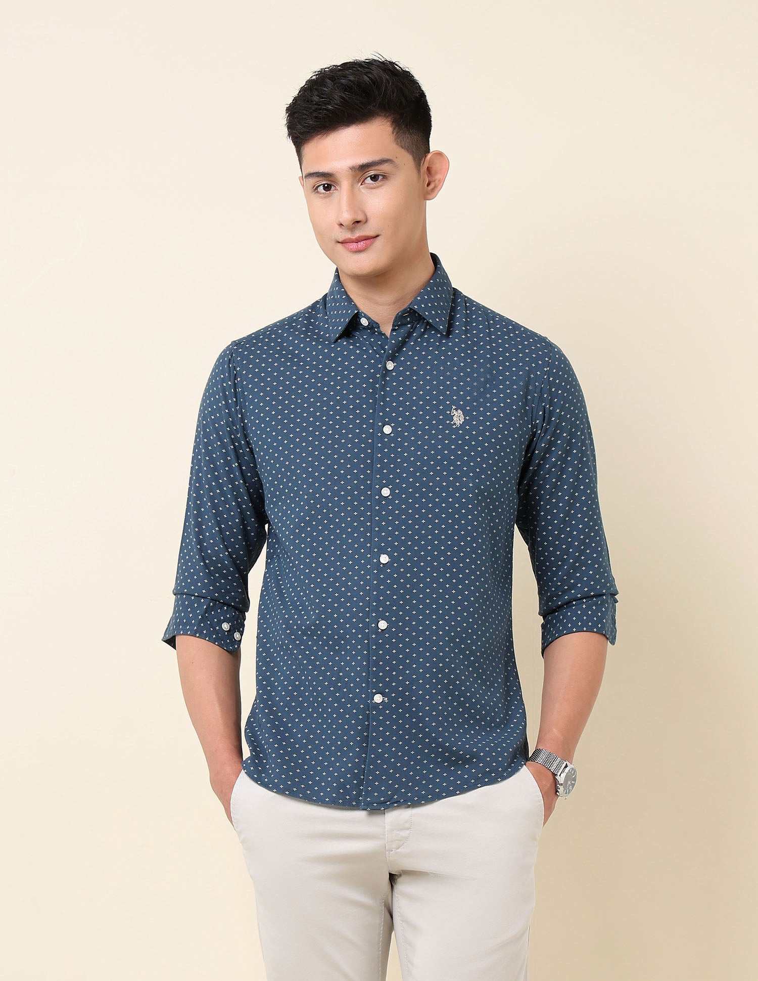 Pure Cotton Geometric Printed Shirt Teal - U.S. Polo Assn. India | Large