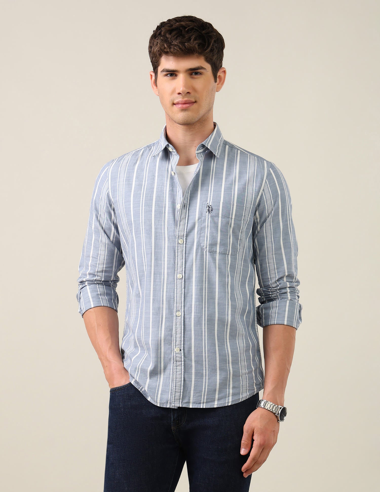 Vertical Striped Regular Fit Shirt Blue - U.S. Polo Assn. India | Large