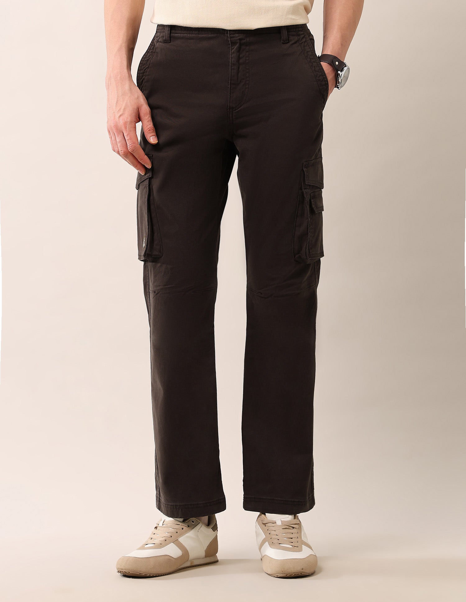 Solid Straight Fit Twill Cargos Brown - U.S. Polo Assn. India | Large