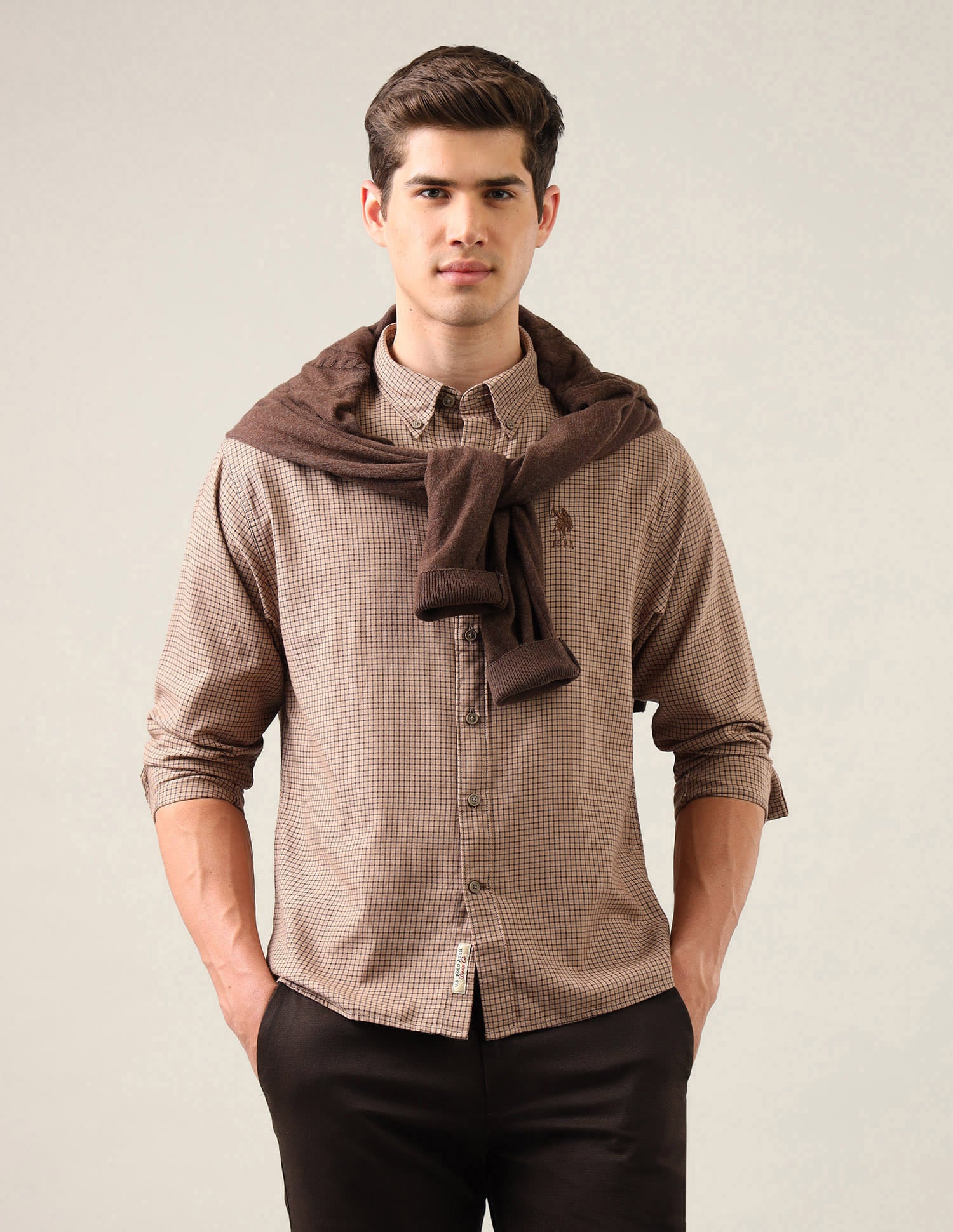 Micro Checked Regular Fit Shirt Beige - U.S. Polo Assn. India | Large